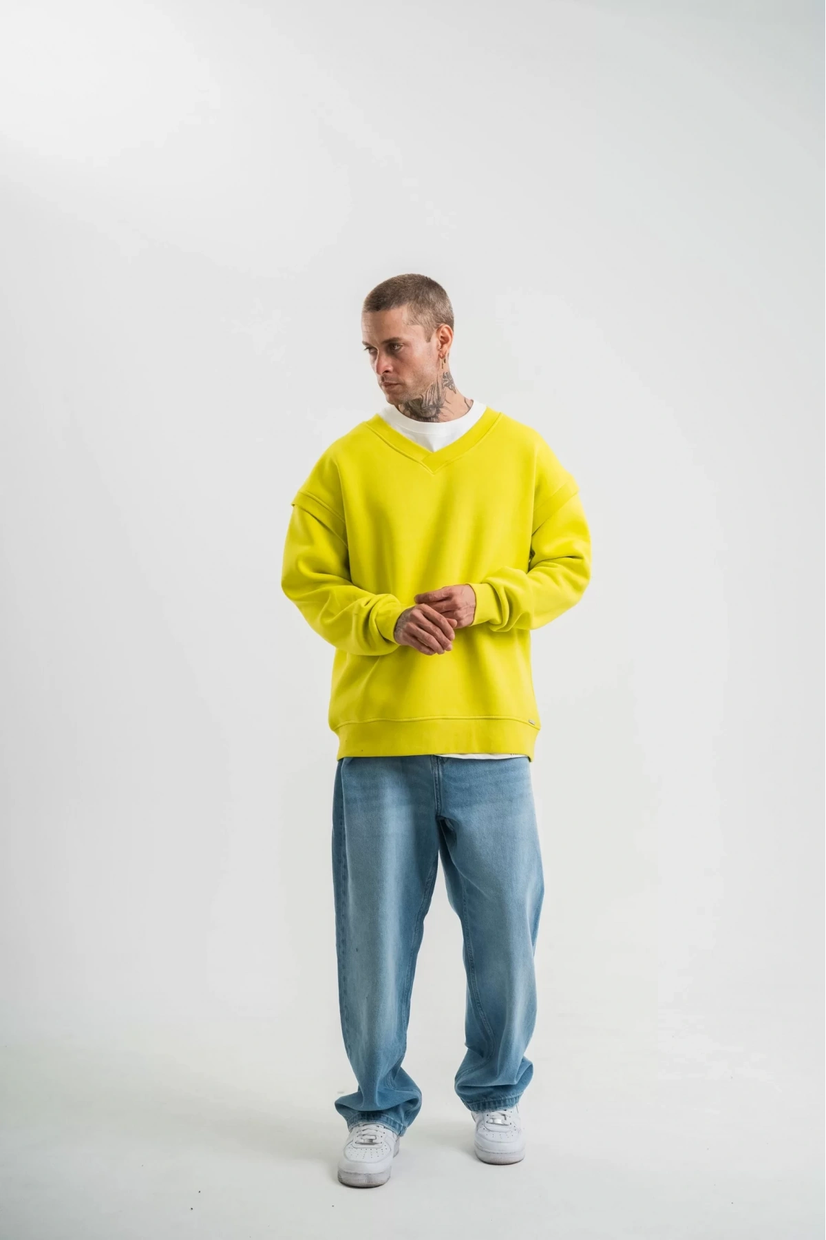 Geniş V yaka Kol Ribana Detaylı SweatShirt - Sarı