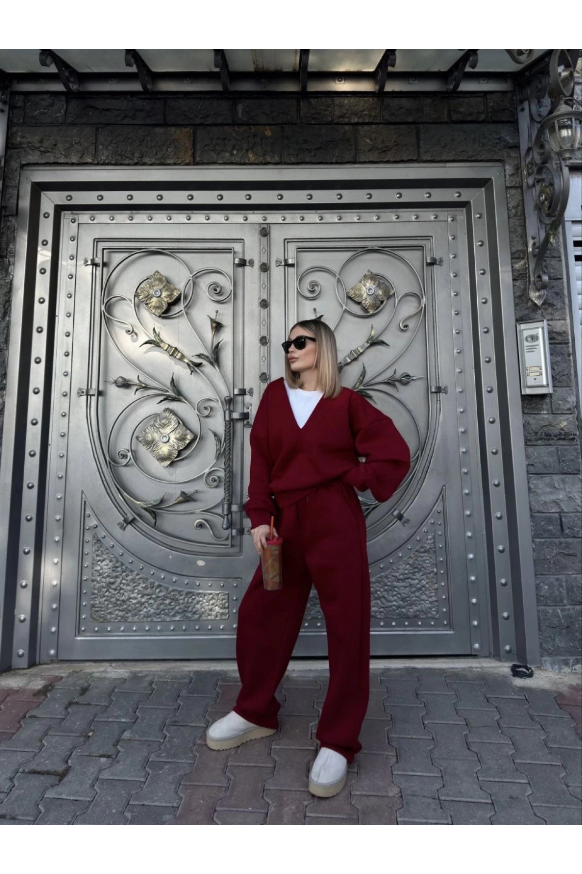 Geniş V Yaka Üç İplik Sweat Takım - Bordo