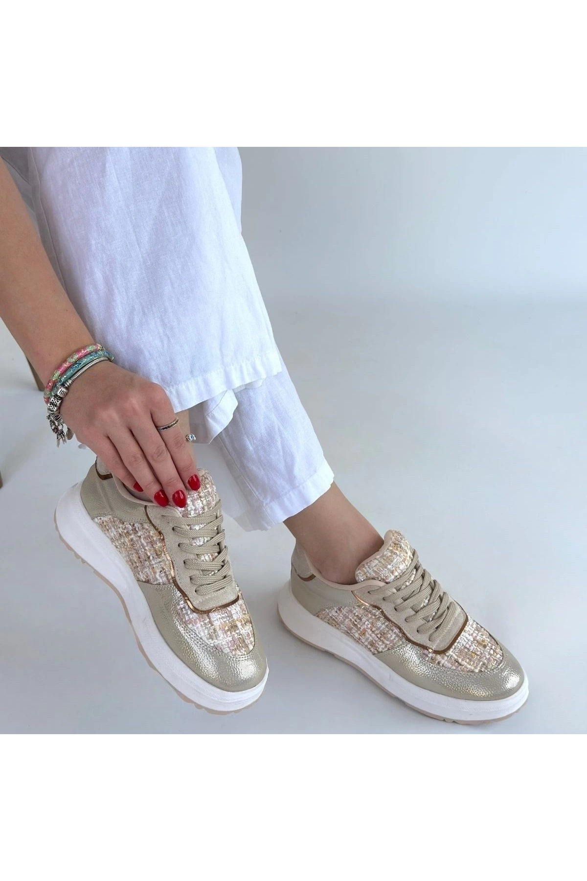 Hawer Bej Cilt Bağcıklı Spor Ayakkabı