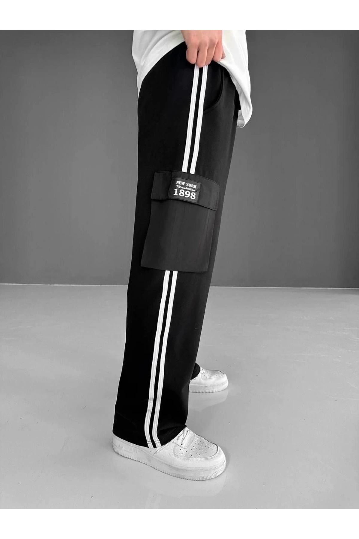 İki İplik Kumaş Kargo Cepli Şeritli Alt Esofman - Siyah