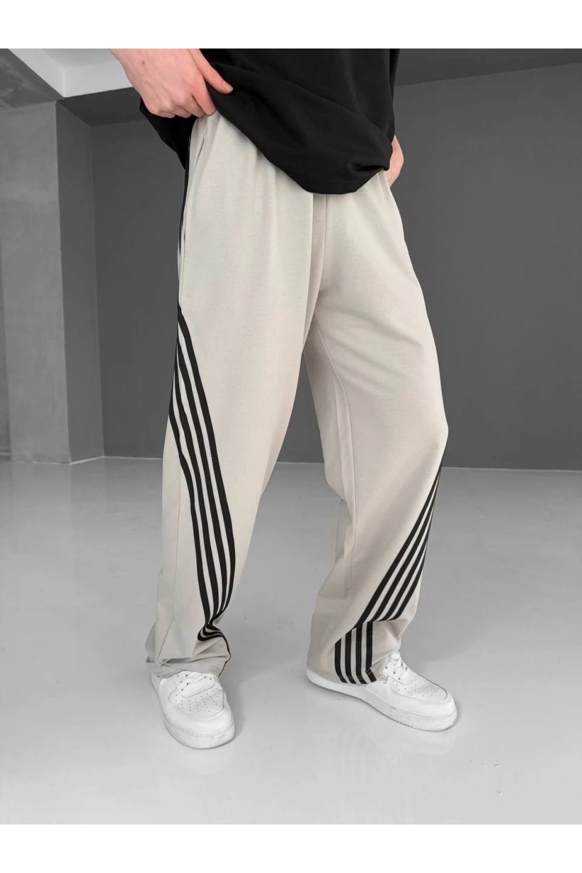 İki İplik Kumaş Şeritli Alt Esofman - Gri