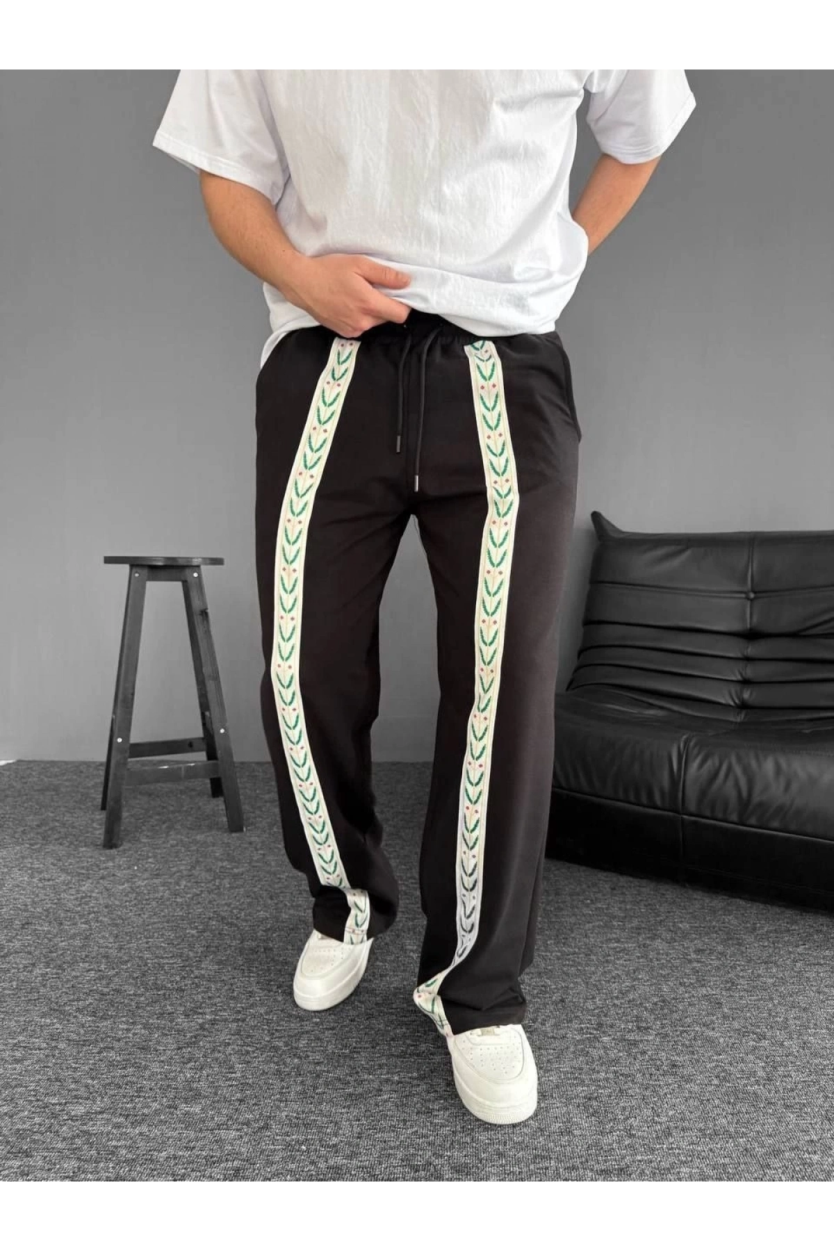 İki İplik Kumaş Şeritli Alt Esofman - Siyah