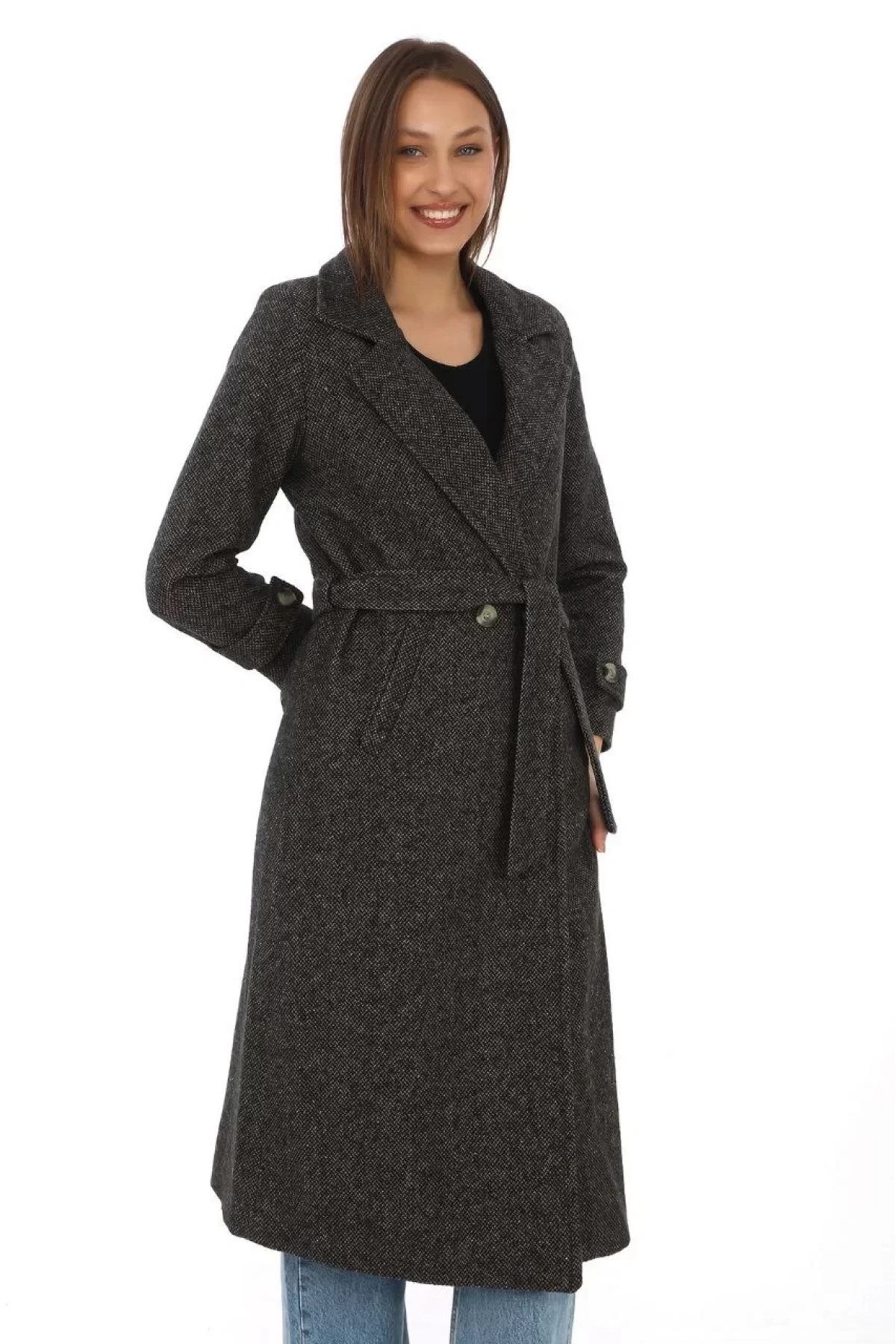 Kadın Astarlı Balık Sırtı Kaşmir Kaşe Kaban - Kahverengi