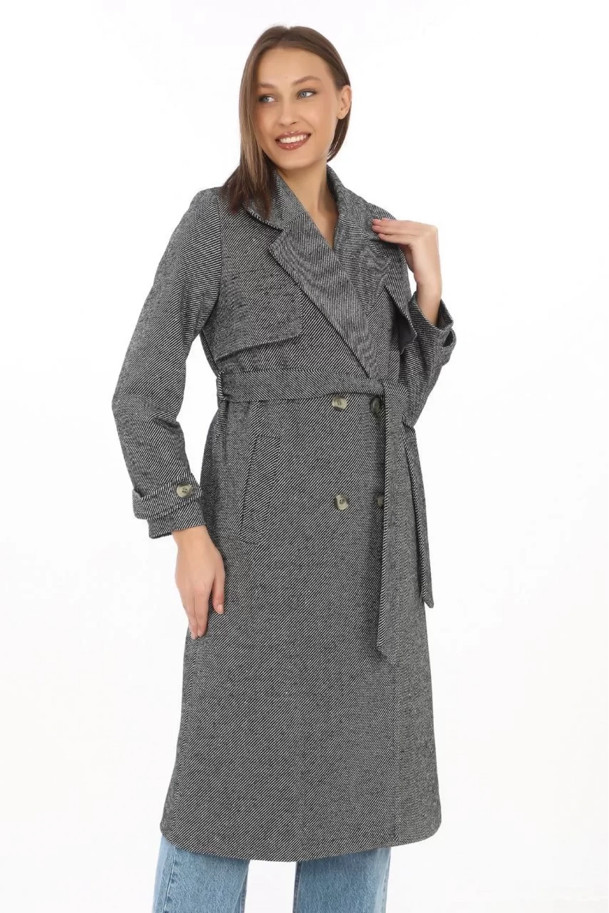 Kadın Balık Sırtı Kaşmir Uzun Kaşe Kaban - Boyalı Gri