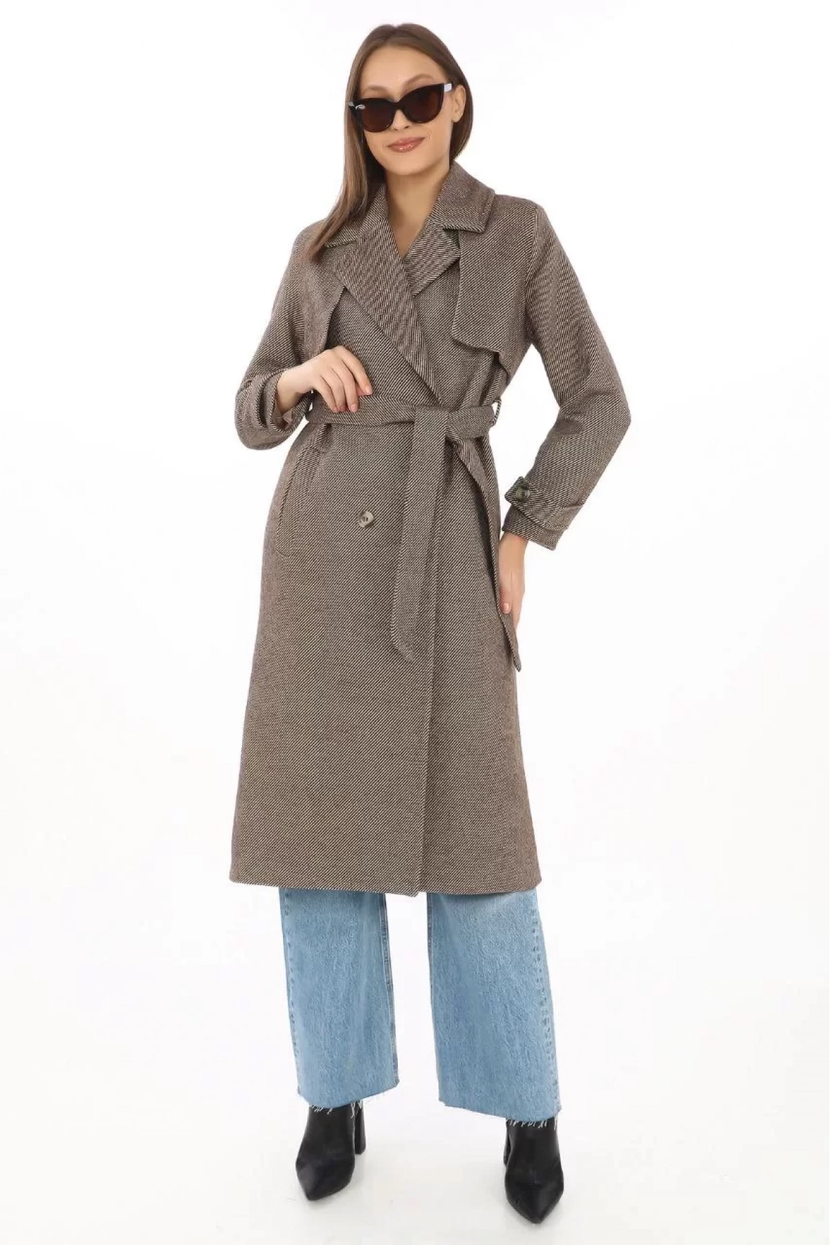 Kadın Balık Sırtı Kaşmir Uzun Kaşe Kaban - Vizon