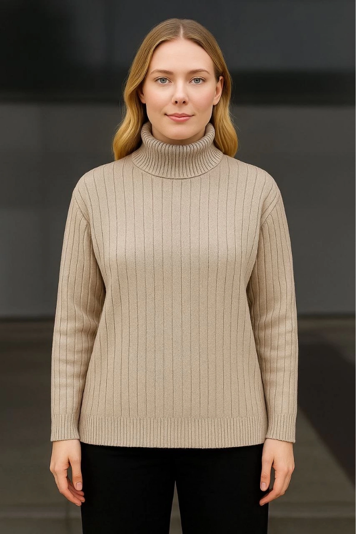 Kadın Balıkcı Yaka Bağazlı Triko Kazak Pamuklu Kalın Fitilli Dokuma - Bej