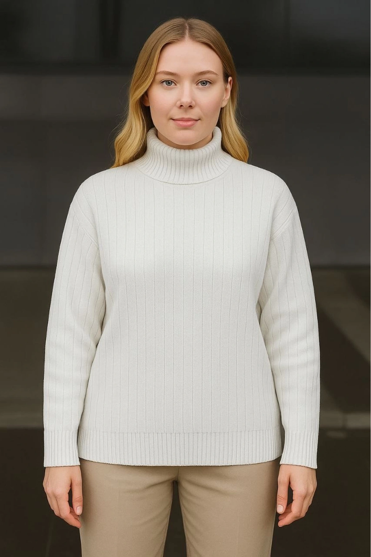 Kadın Balıkcı Yaka Bağazlı Triko Kazak Pamuklu Kalın Fitilli Dokuma - Beyaz