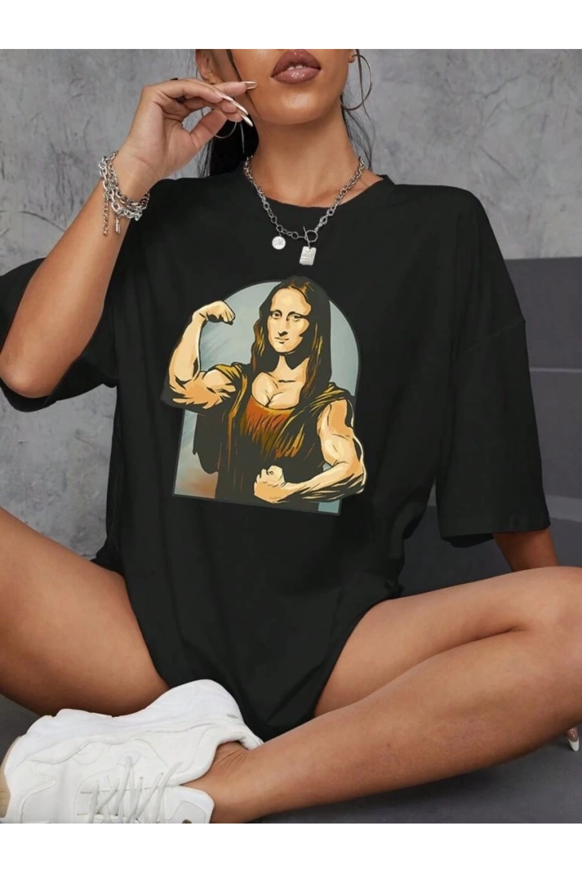 Kadın Baskılı Oversize T-shirt - Siyah