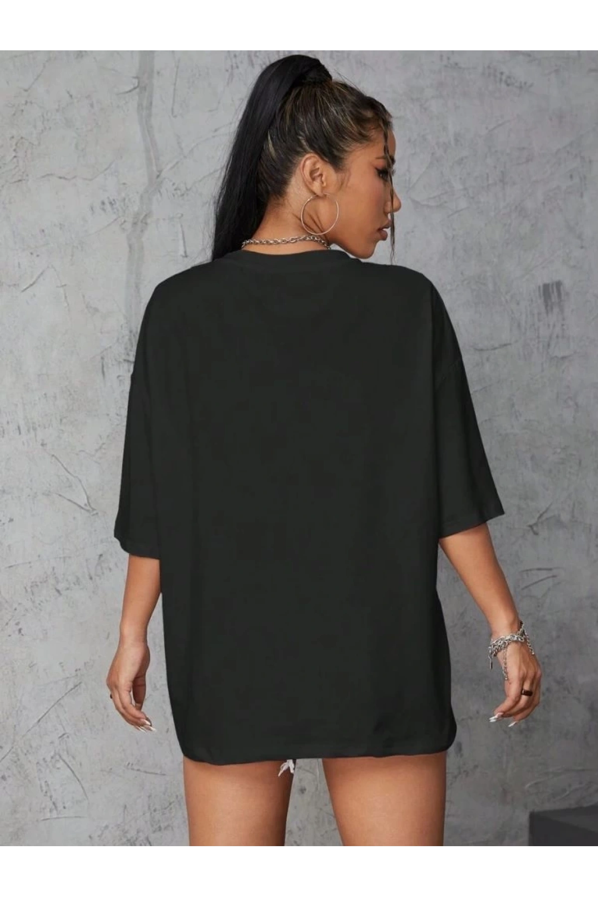 Kadın Baskılı Oversize T-shirt - Siyah