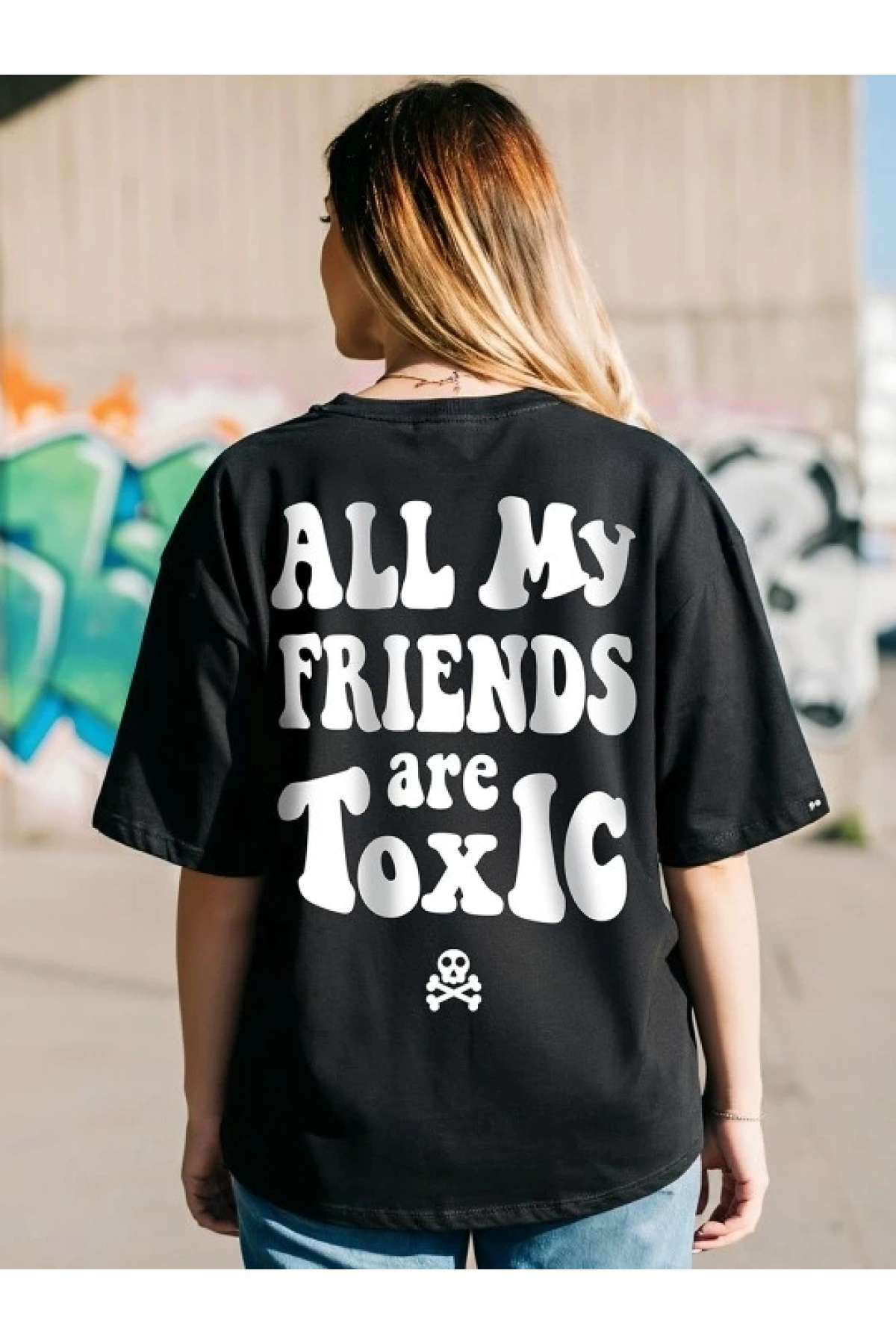 Kadın Baskılı Oversize T-shirt - Siyah