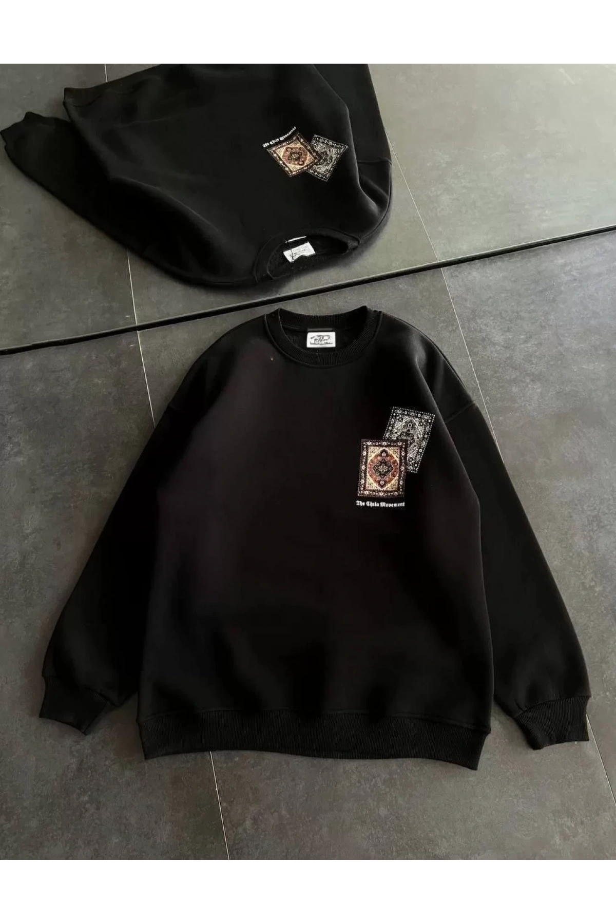 Kadın Bisiklet Yaka Baskılı SweatShirt - Siyah