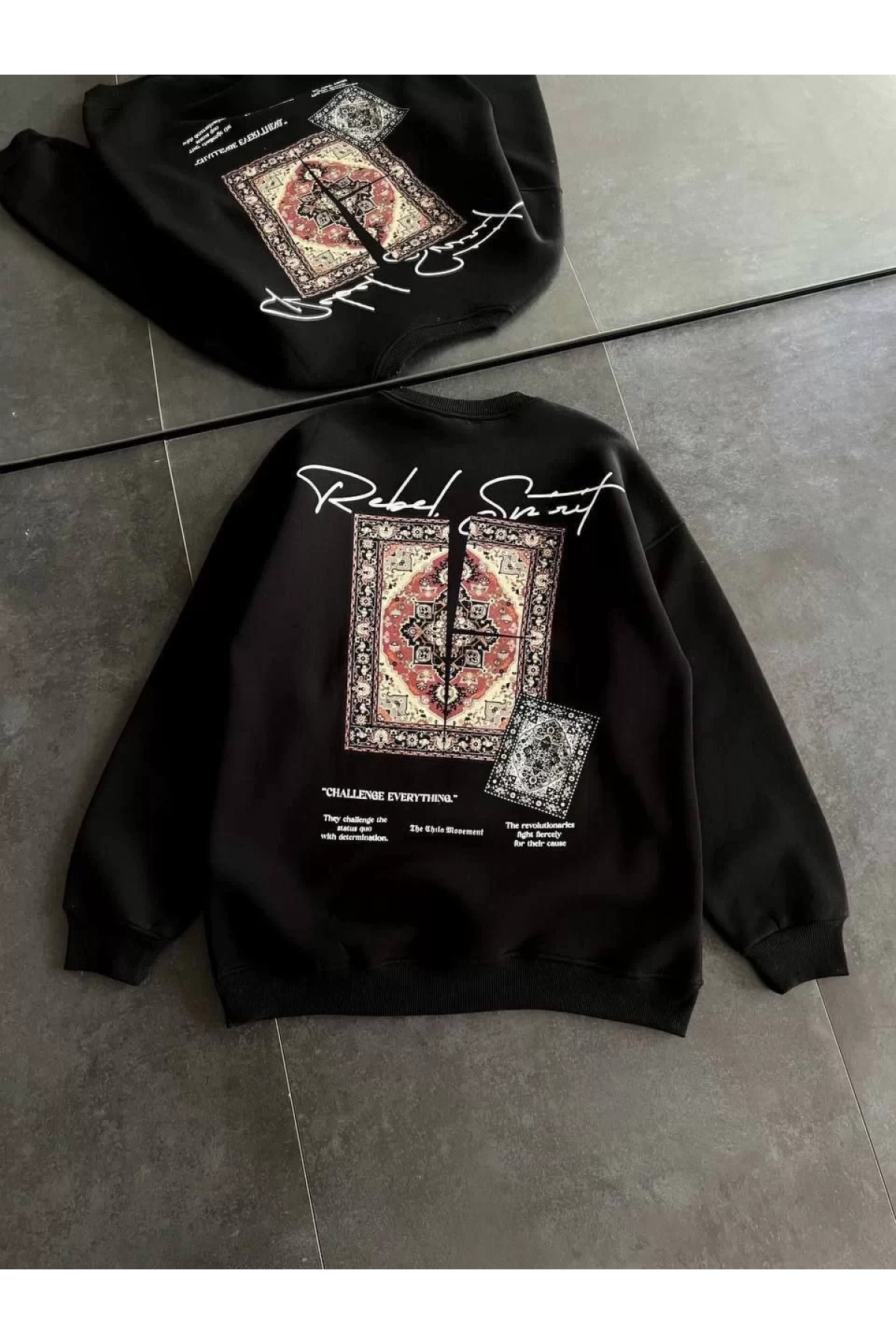 Kadın Bisiklet Yaka Baskılı SweatShirt - Siyah