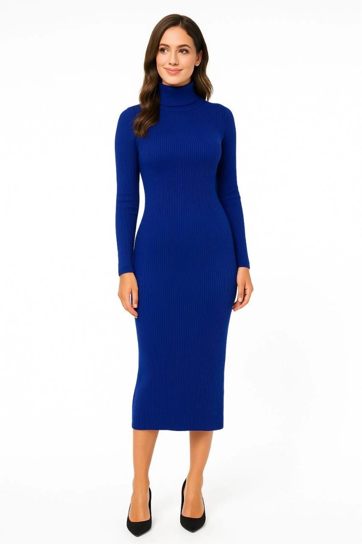 Kadın Boğazlı Triko Elbise – Uzun Fitilli Esnek Dokuma, Tam Kalıp, Kışlık & Baharlık Şık Rahat Stil, 130 cm Midi Boy Elbise - Saks Mavisi