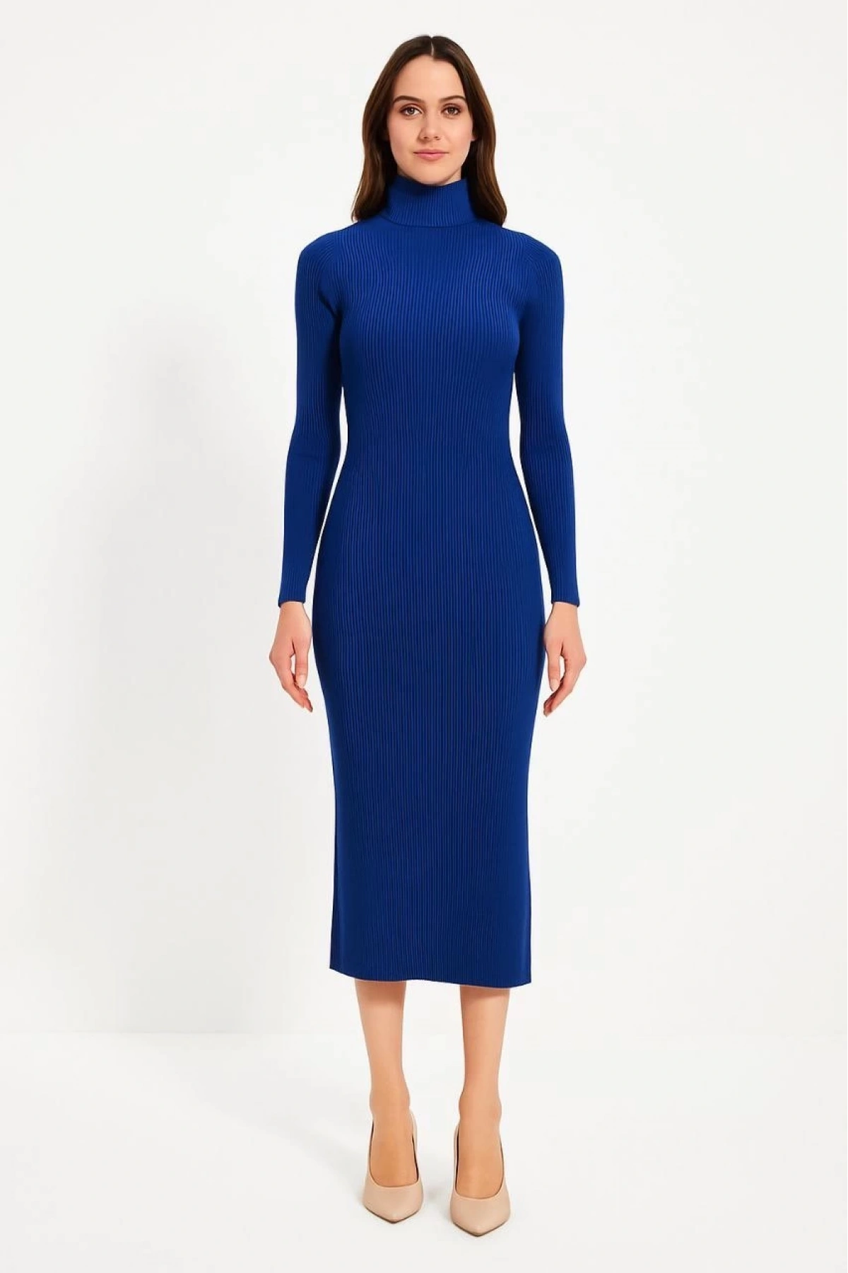Kadın Boğazlı Triko Elbise – Uzun Fitilli Esnek Dokuma, Tam Kalıp, Kışlık & Baharlık Şık Rahat Stil, 130 cm Midi Boy Elbise - Saks Mavisi