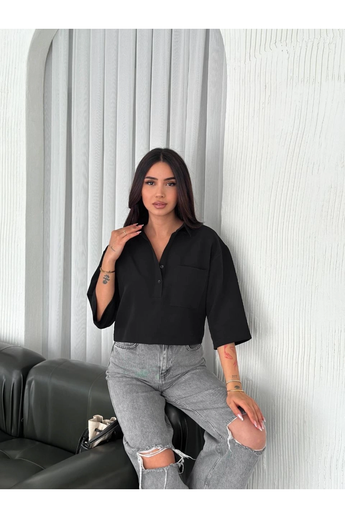 Z Krep Kadın Crop Yakalı Gömlek İlik Düğmeli Üç Çeyrek Sleeve Kol - Siyah