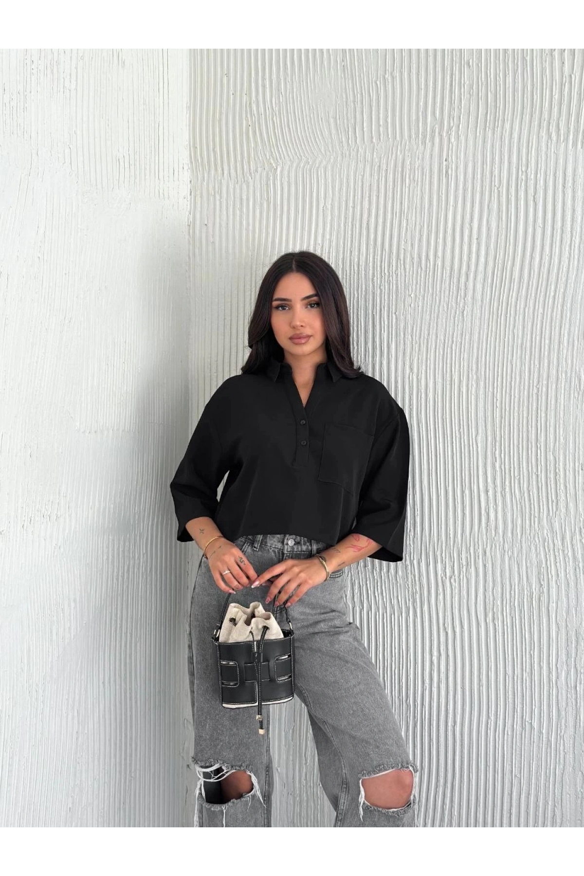 Z Krep Kadın Crop Yakalı Gömlek İlik Düğmeli Üç Çeyrek Sleeve Kol - Siyah