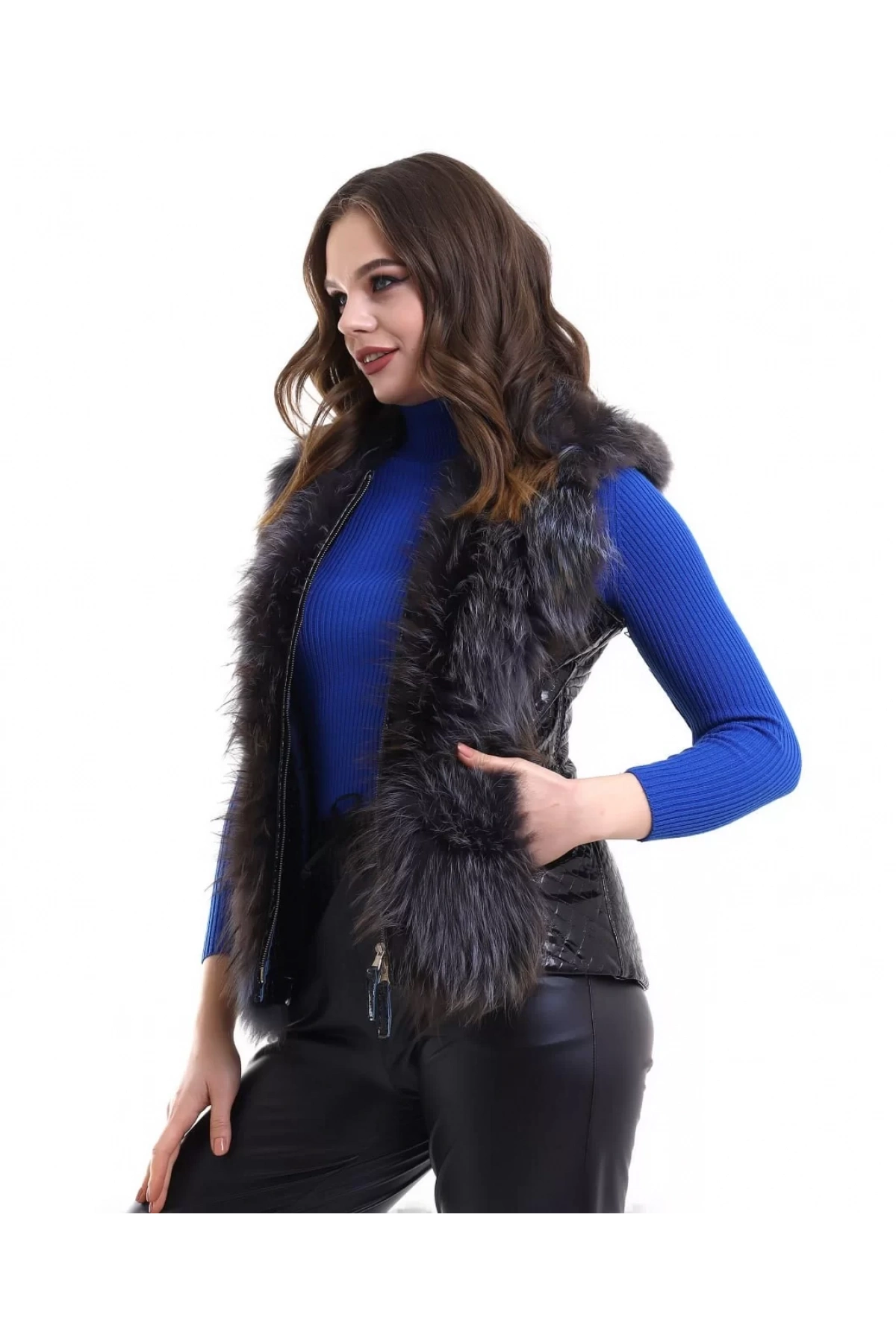 Kadın Fermuarlı Koyun Derisi Tilki Kürkü - Siyah