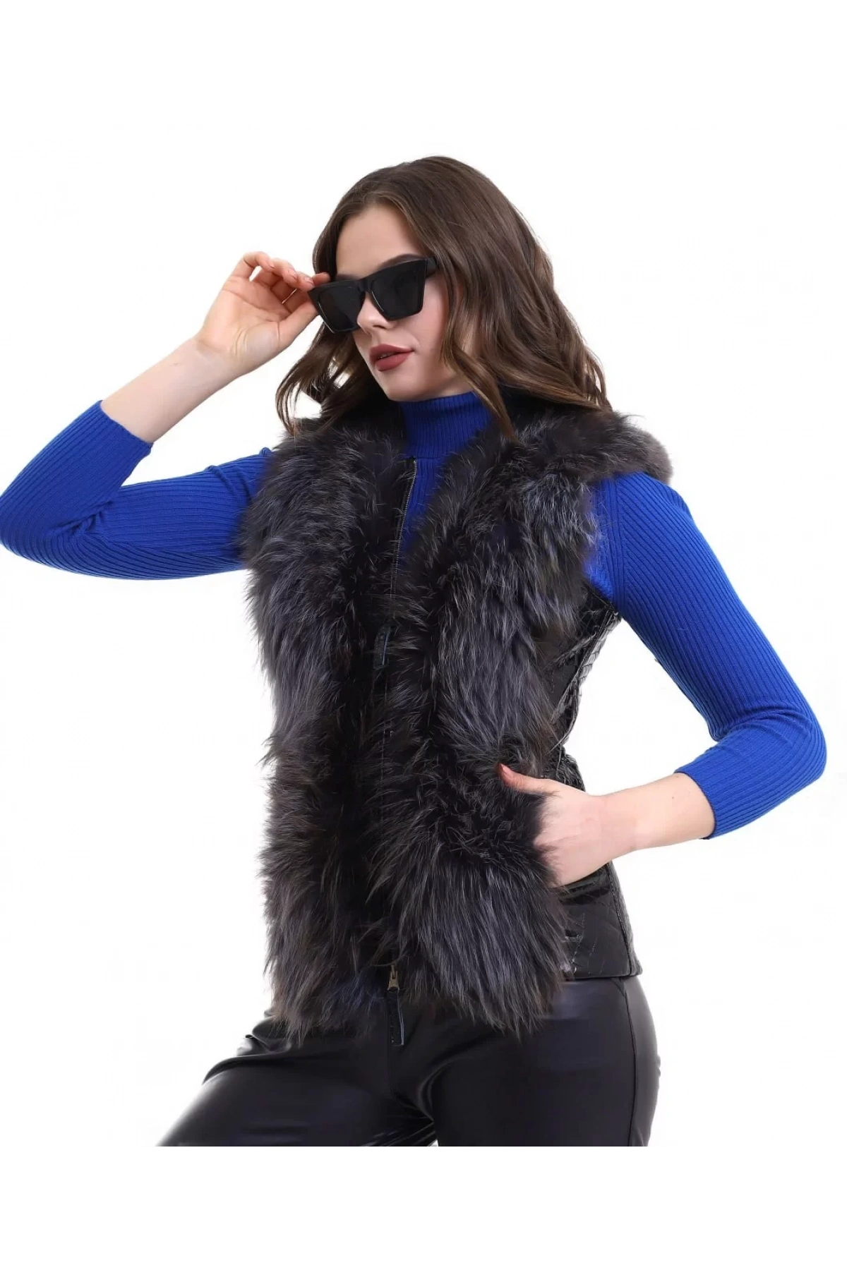 Kadın Fermuarlı Koyun Derisi Tilki Kürkü - Siyah