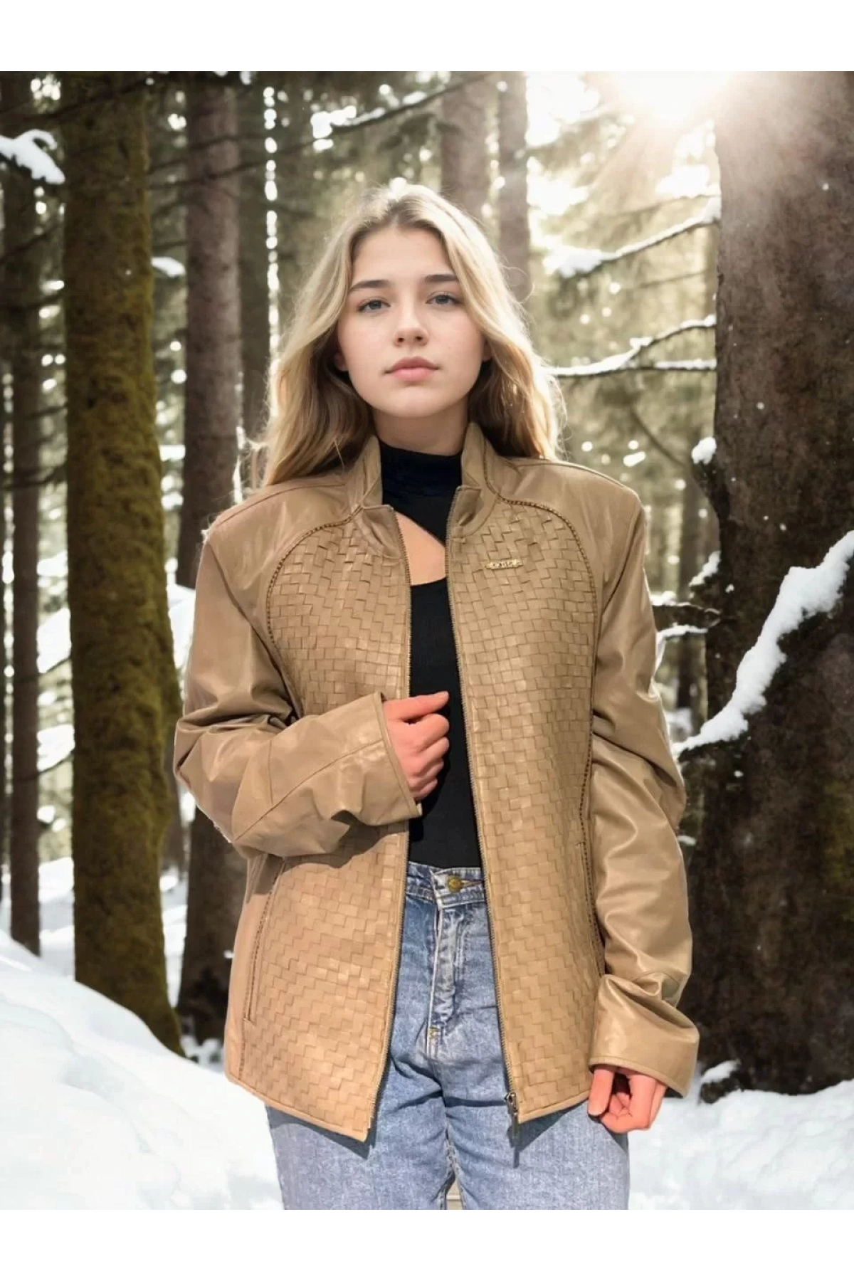 Kadın Fileli Deri Ceket - Krem