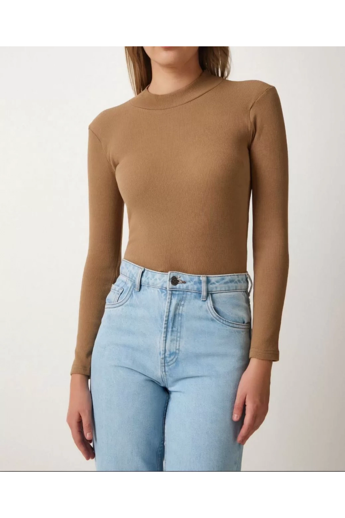 Kadın Full Likralı Fitilli Kaşkorse Body - Kahve