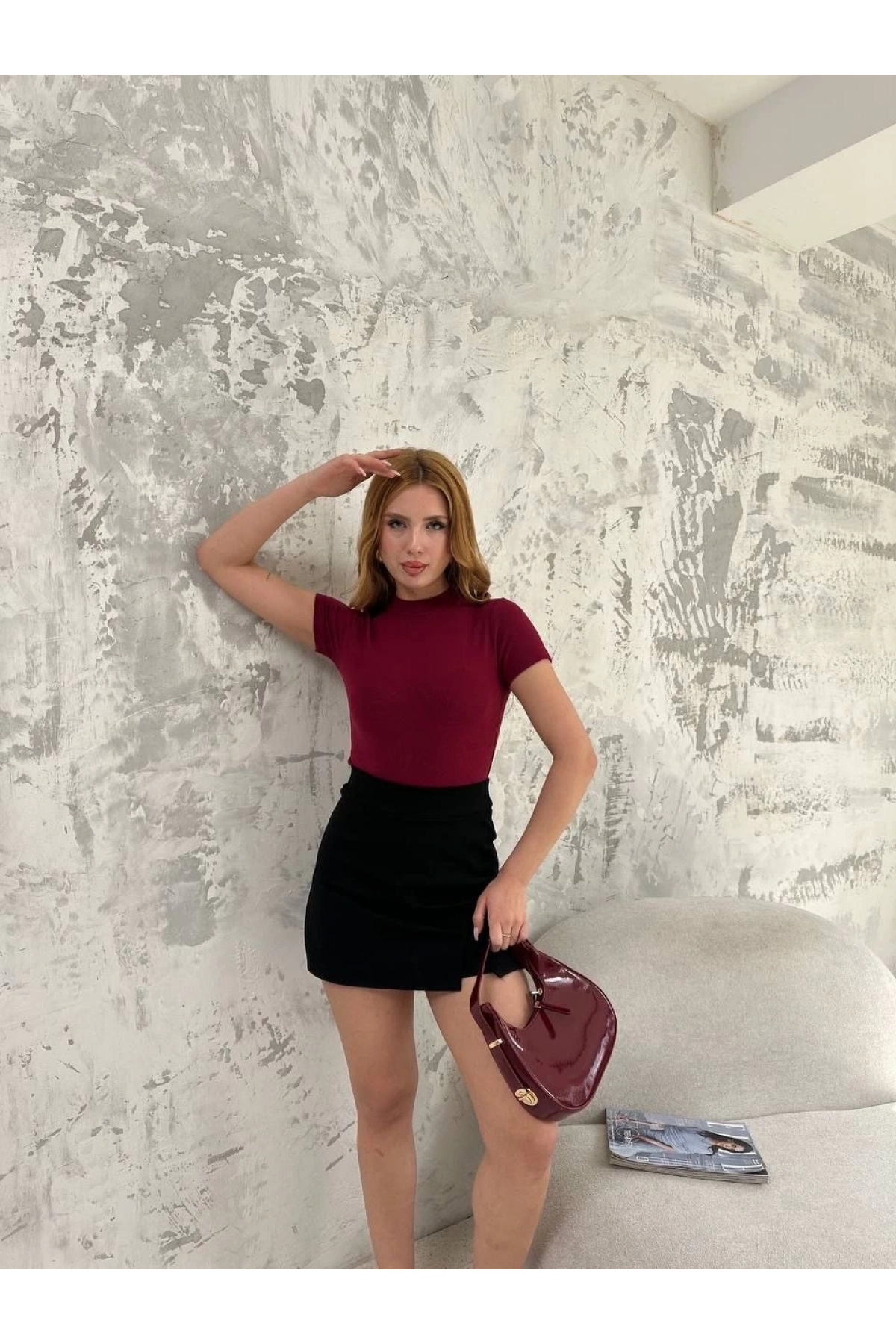 Kadın Kısa kol Badi bluz - Bordo