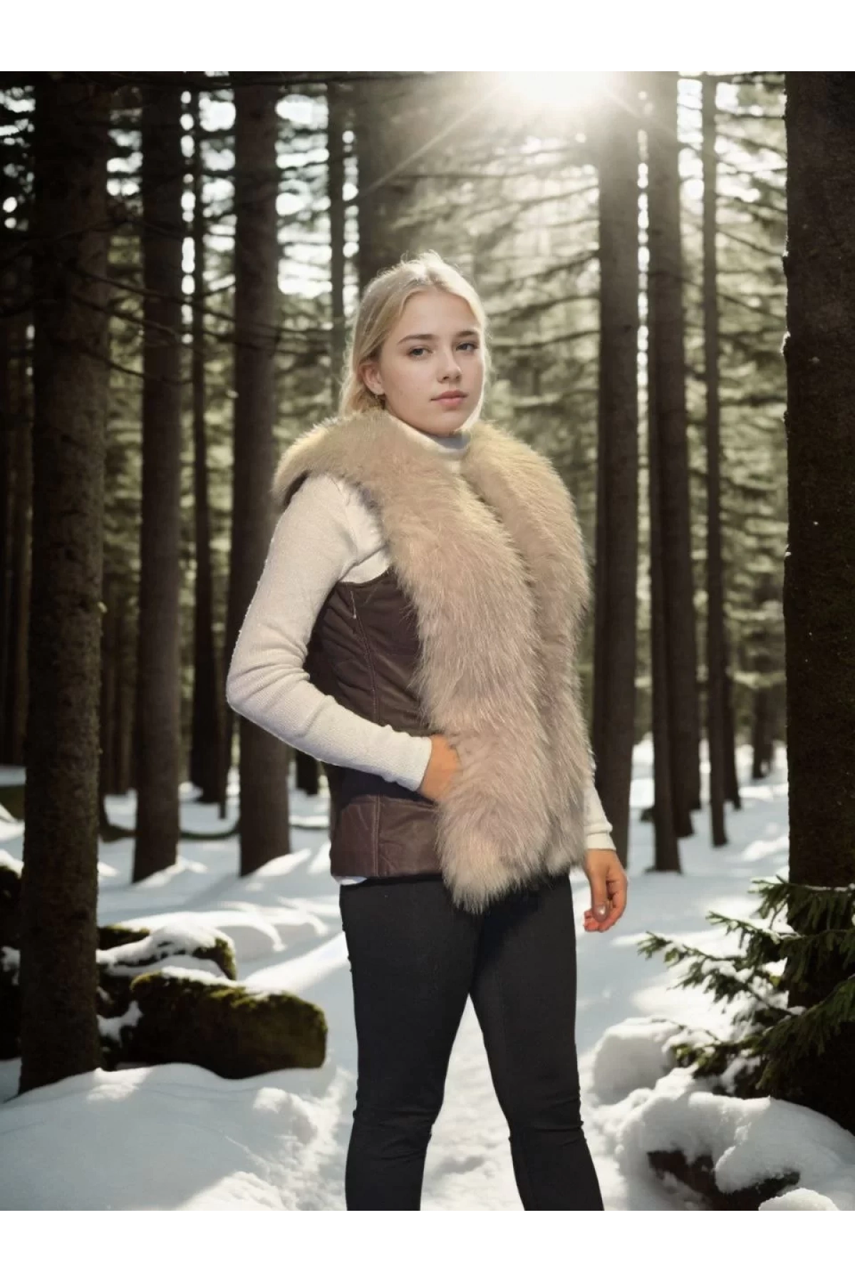 Kadın Kolsuz Fermuarlı Yelek - Kahve