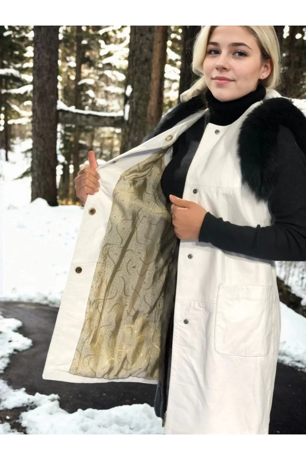 Kadın Kolsuz Hakiki Deri Kürk - Beyaz