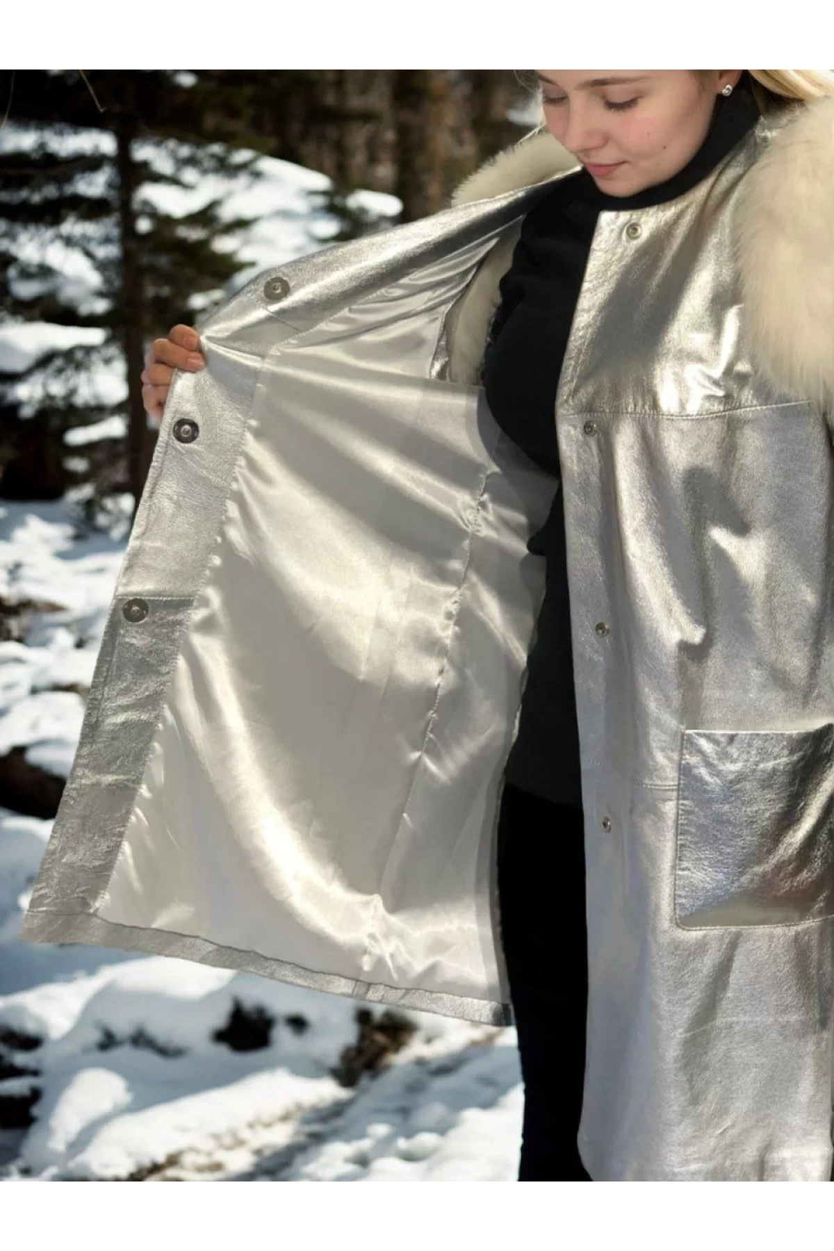 Kadın Kolsuz Hakiki Deri Kürk - Gri