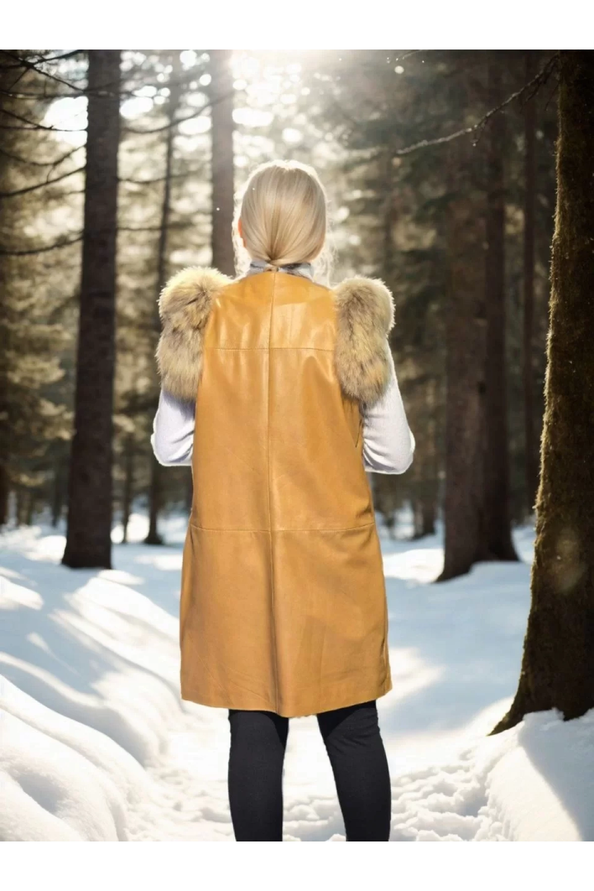 Kadın Kolsuz Hakiki Deri Kürk - Hardal