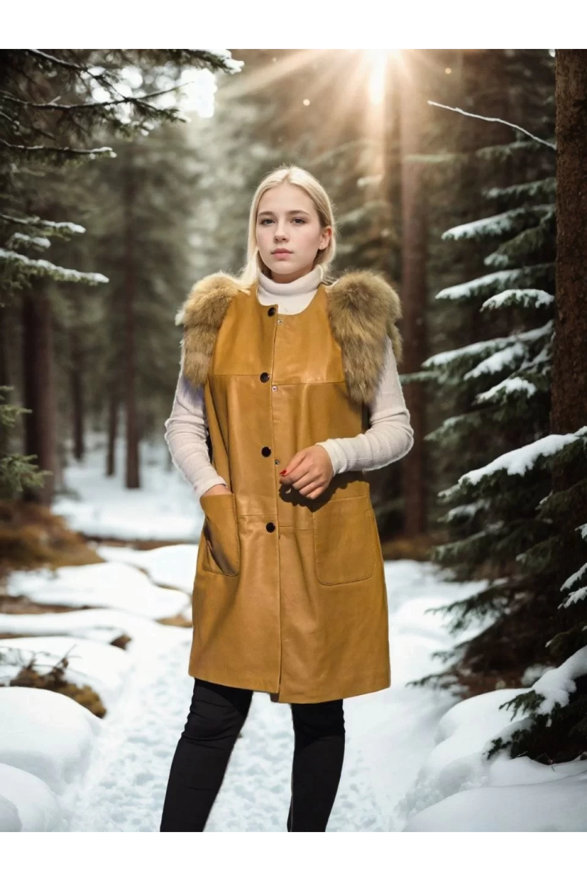 Kadın Kolsuz Hakiki Deri Kürk - Hardal