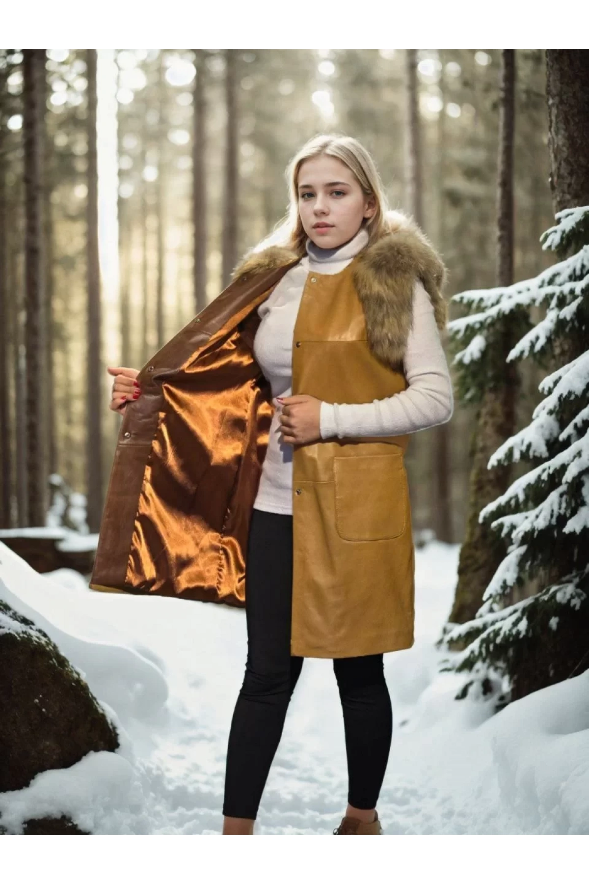 Kadın Kolsuz Hakiki Deri Kürk - Hardal