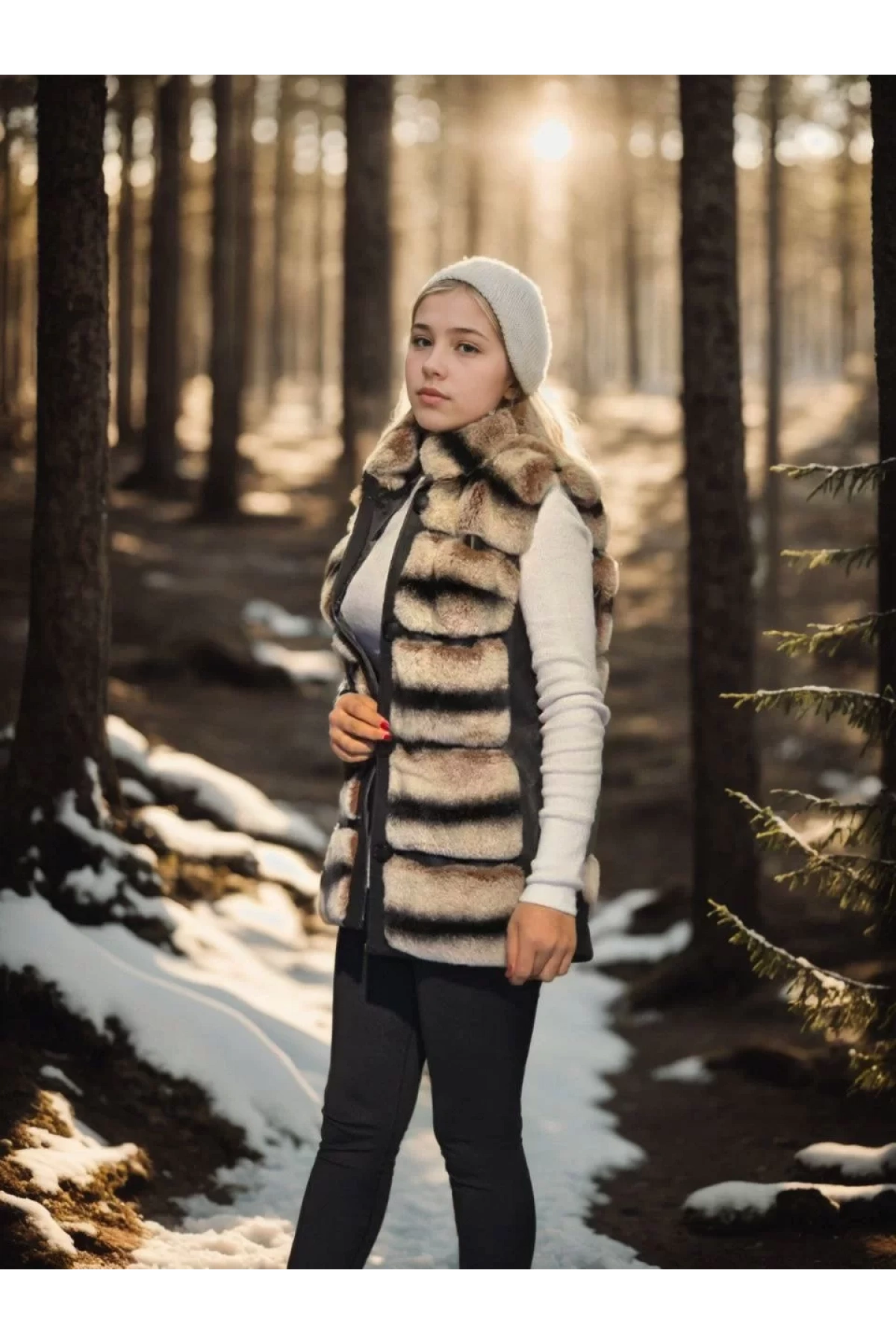 Kadın Kolsuz Hakiki Deri Kürk - Siyah