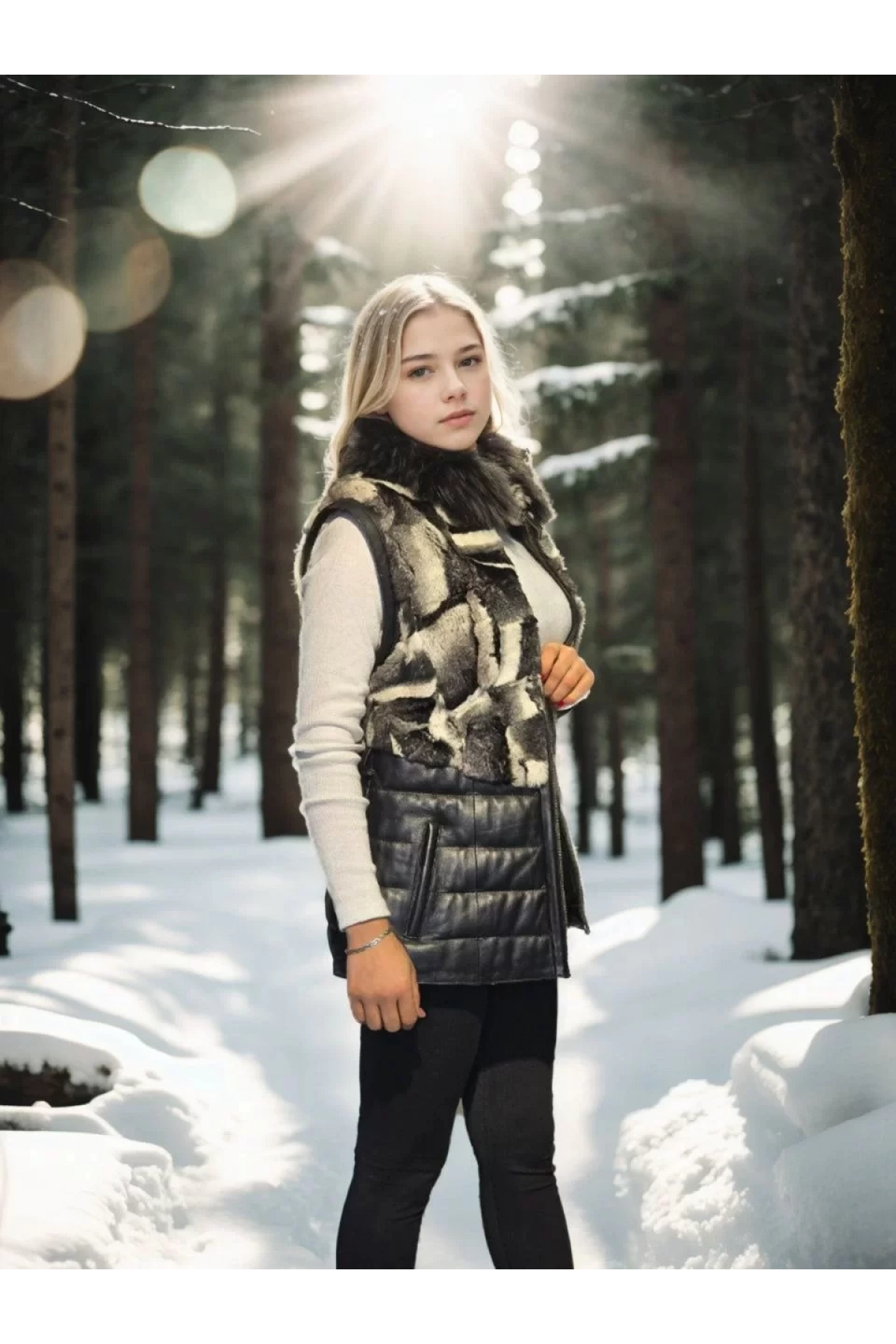 Kadın Kolsuz Hakiki Deri Kürk - Siyah