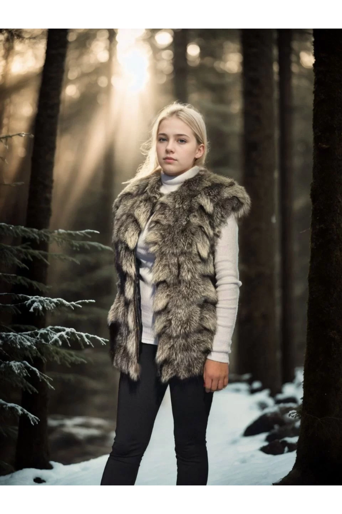 Kadın Kolsuz Hakiki Deri Kürk - Siyah