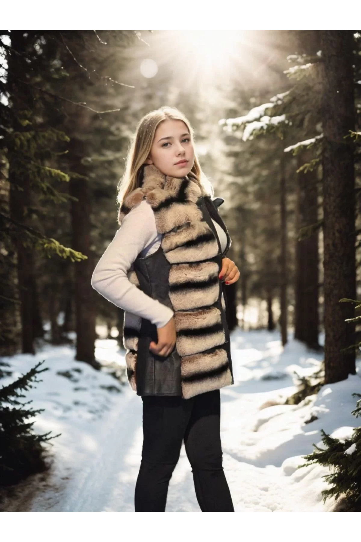 Kadın Kolsuz Hakiki Deri Kürk - Siyah