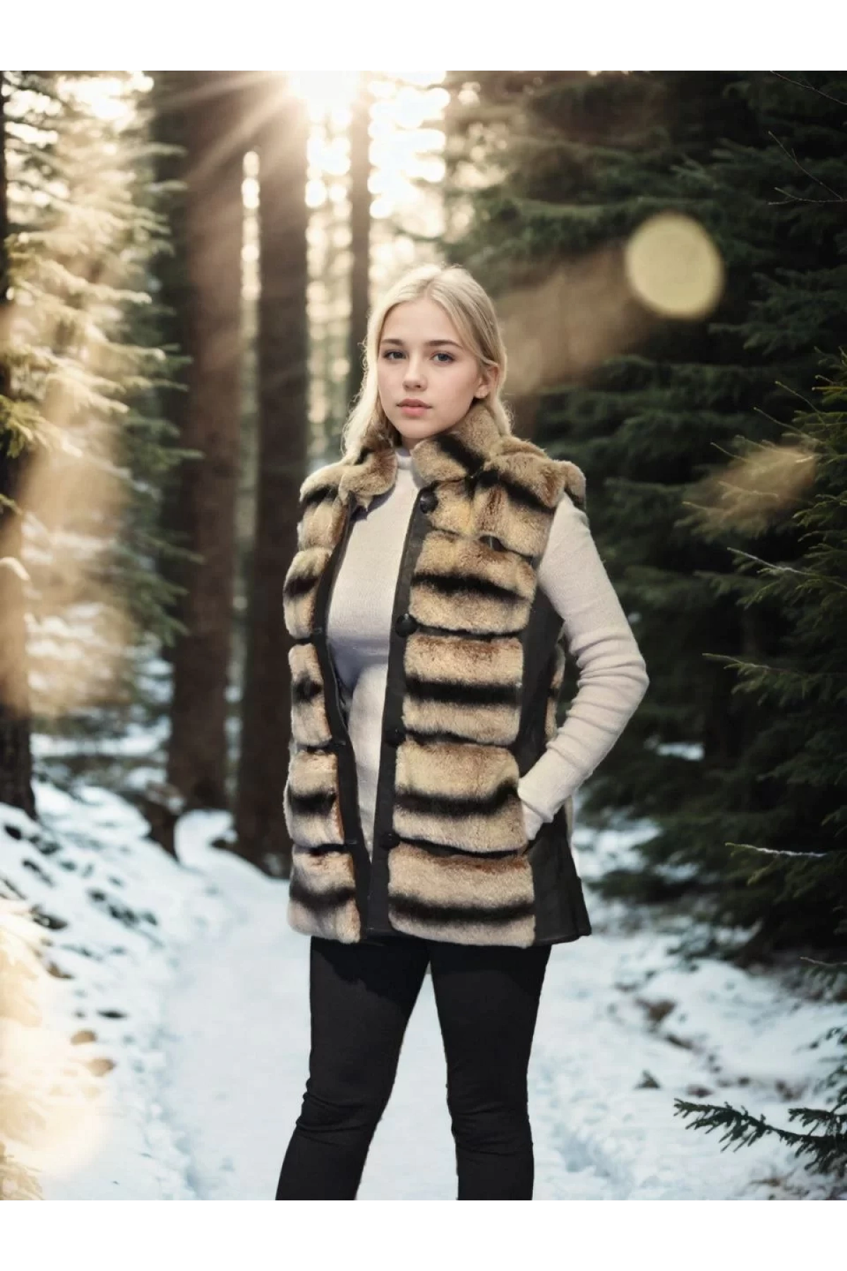 Kadın Kolsuz Hakiki Deri Kürk - Siyah