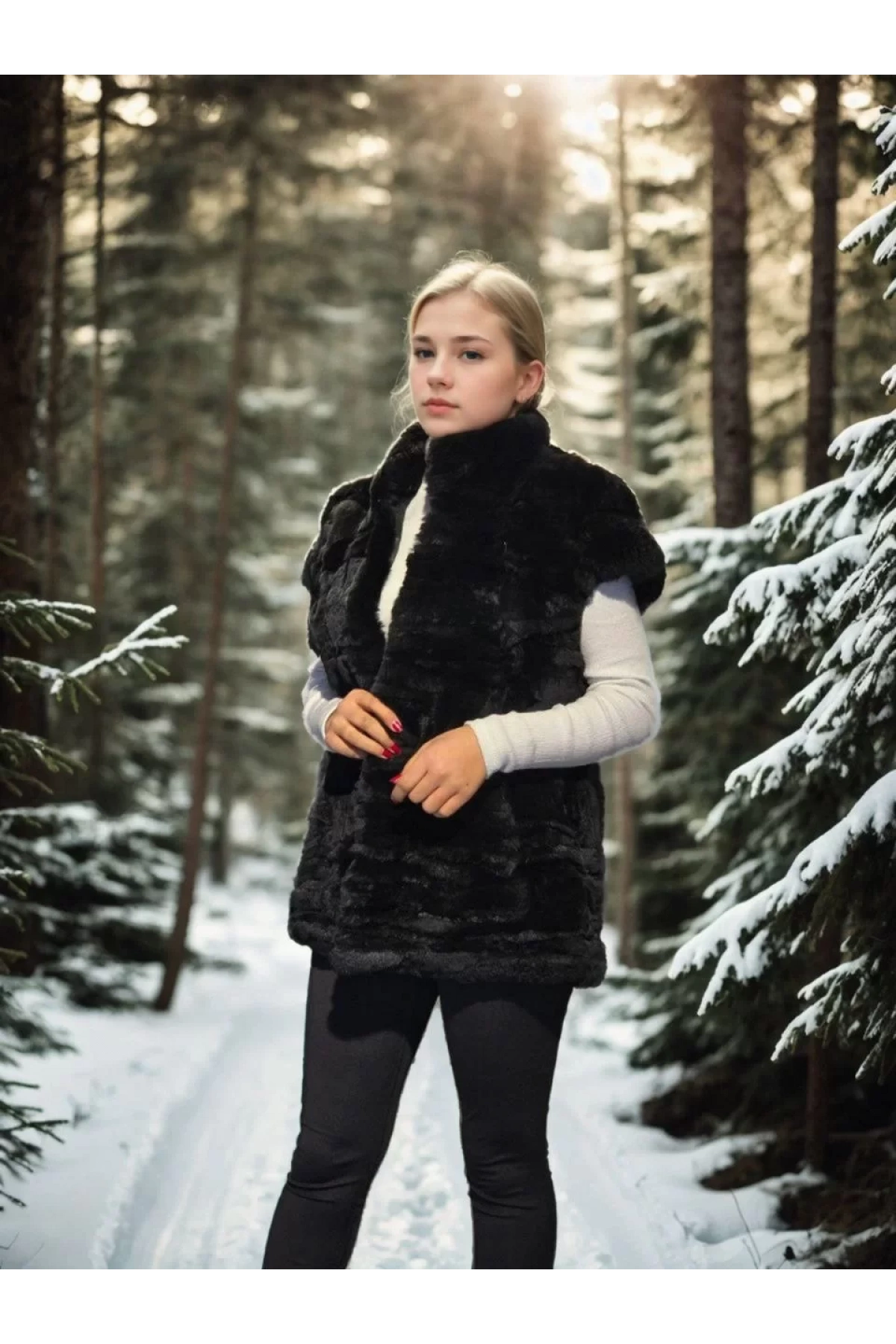 Kadın Kolsuz Hakiki Kürk - Siyah