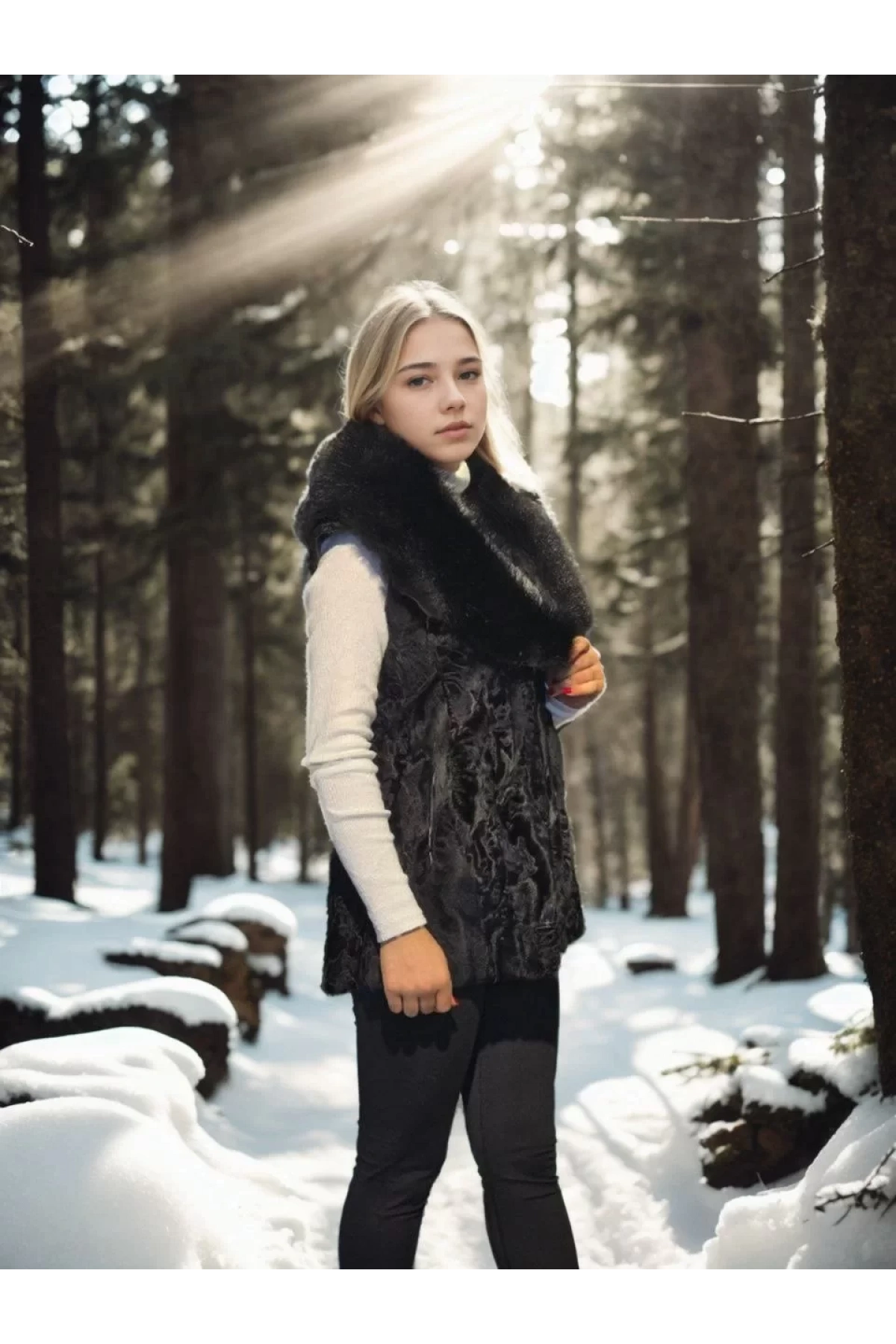 Kadın Kolsuz Hakiki Kürk - Siyah