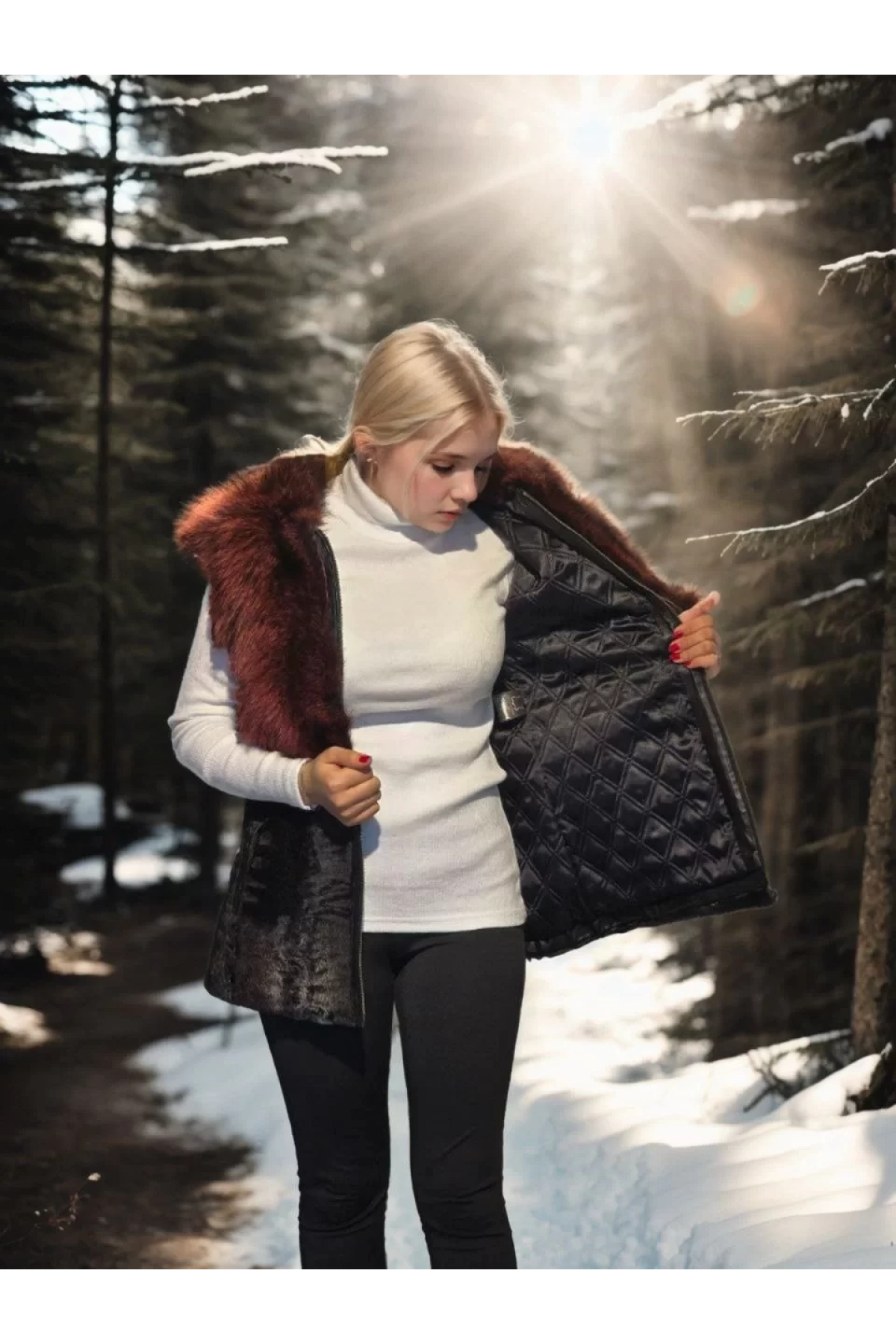 Kadın Kolsuz Hakiki Kürk - Siyah