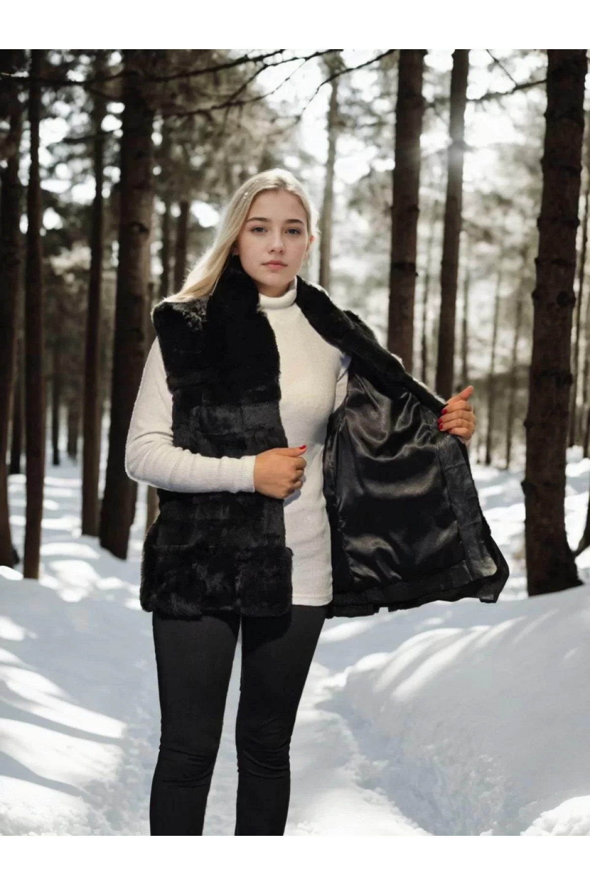 Kadın Kolsuz Hakiki Kürk - Siyah