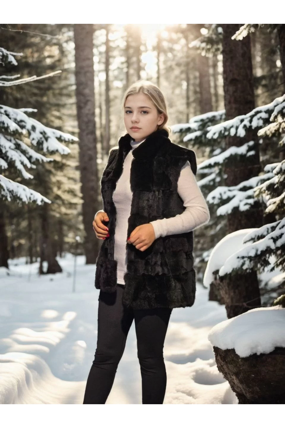 Kadın Kolsuz Hakiki Kürk - Siyah