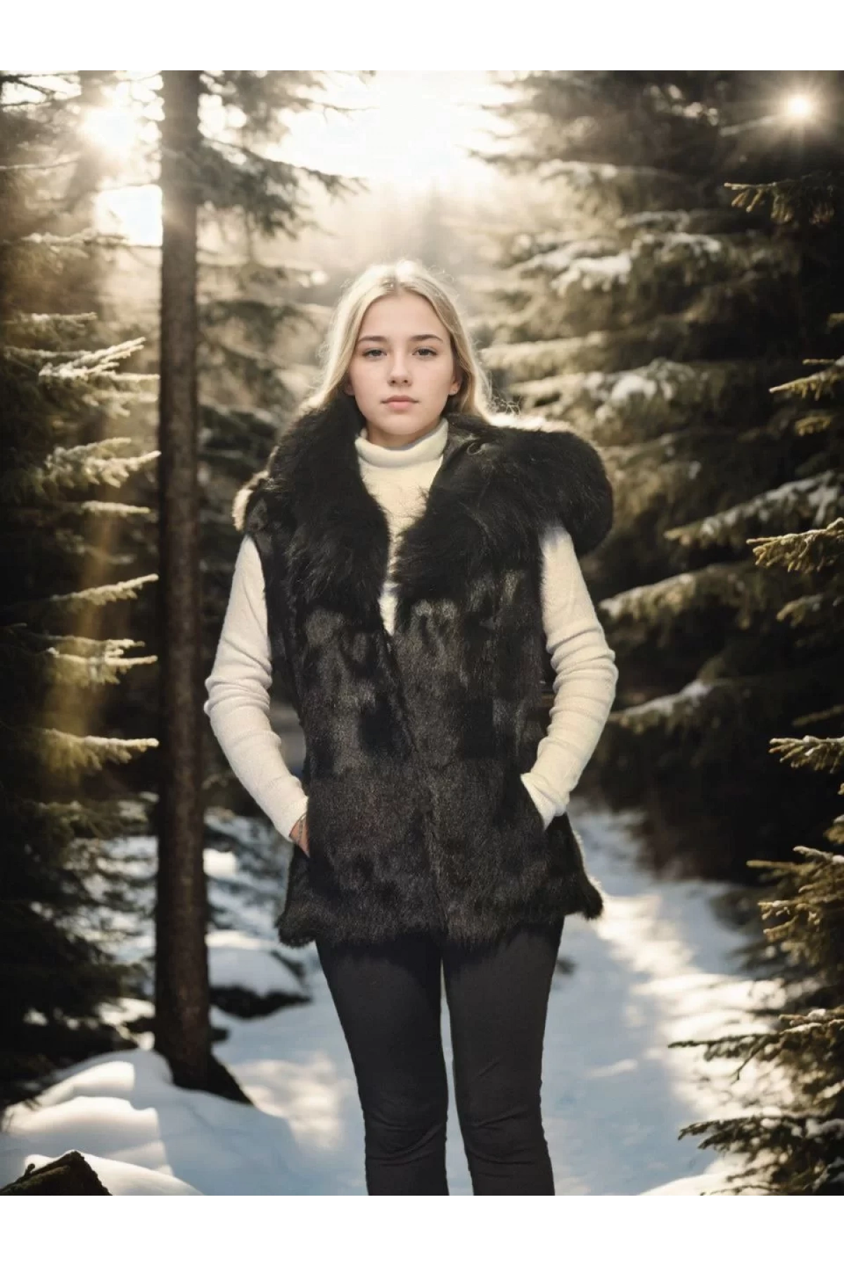 Kadın Kolsuz Kapüşonlu Yelek - Siyah