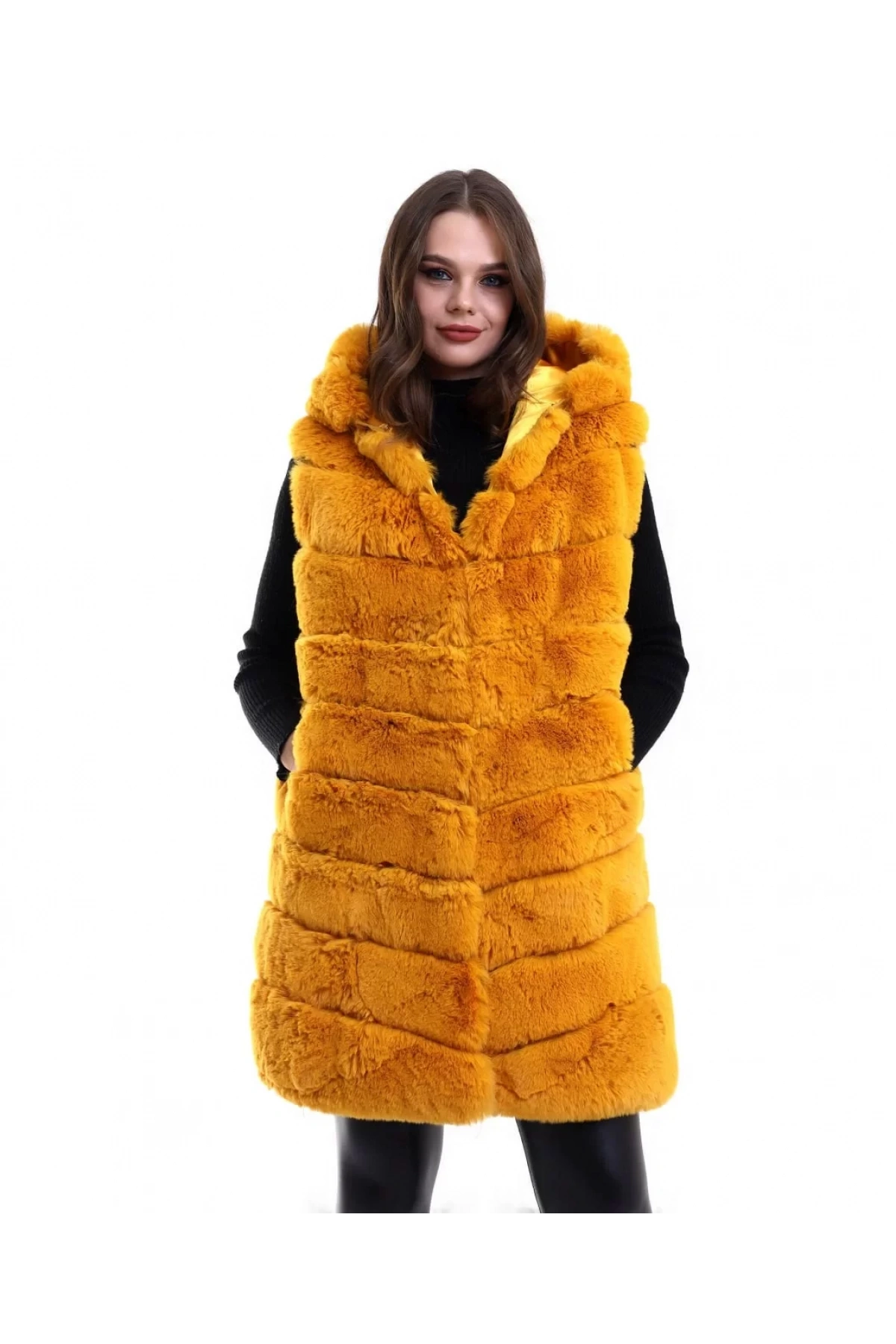 Kadın Reks Kapüşonlu Yelek - Sarı