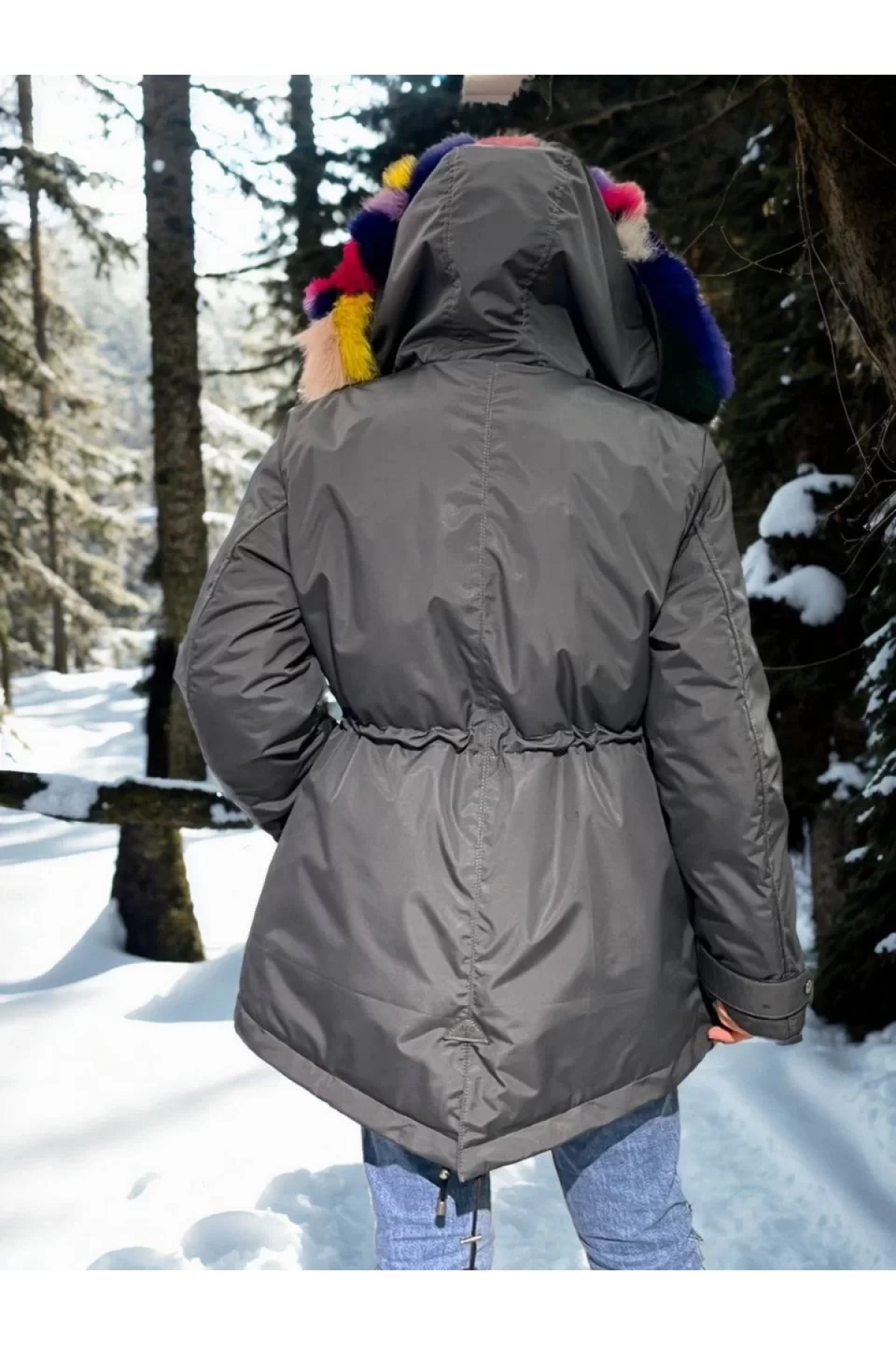 Kadın Su Geçirmez Kapüşonlu Mont - Füme