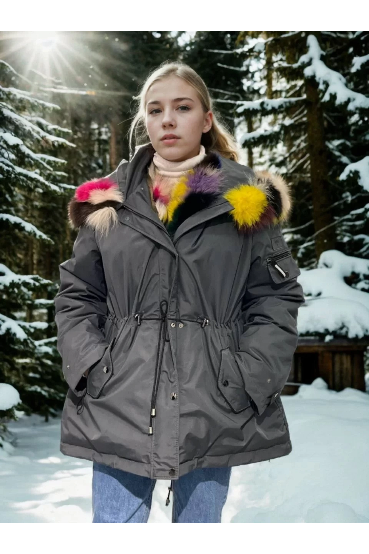 Kadın Su Geçirmez Kapüşonlu Mont - Füme