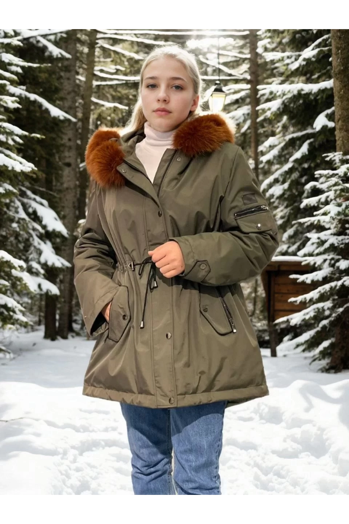 Kadın Su Geçirmez Kapüşonlu Mont - Haki