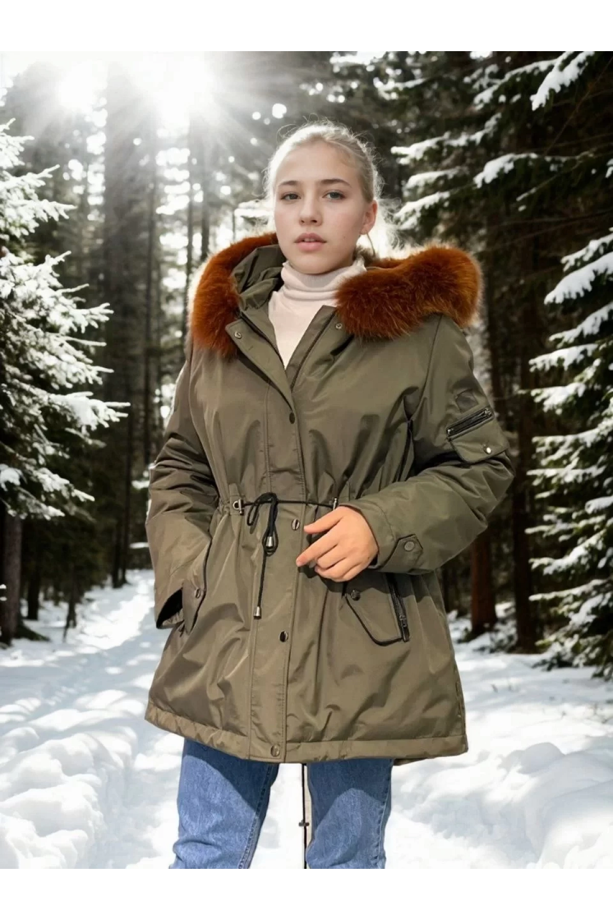 Kadın Su Geçirmez Kapüşonlu Mont - Haki