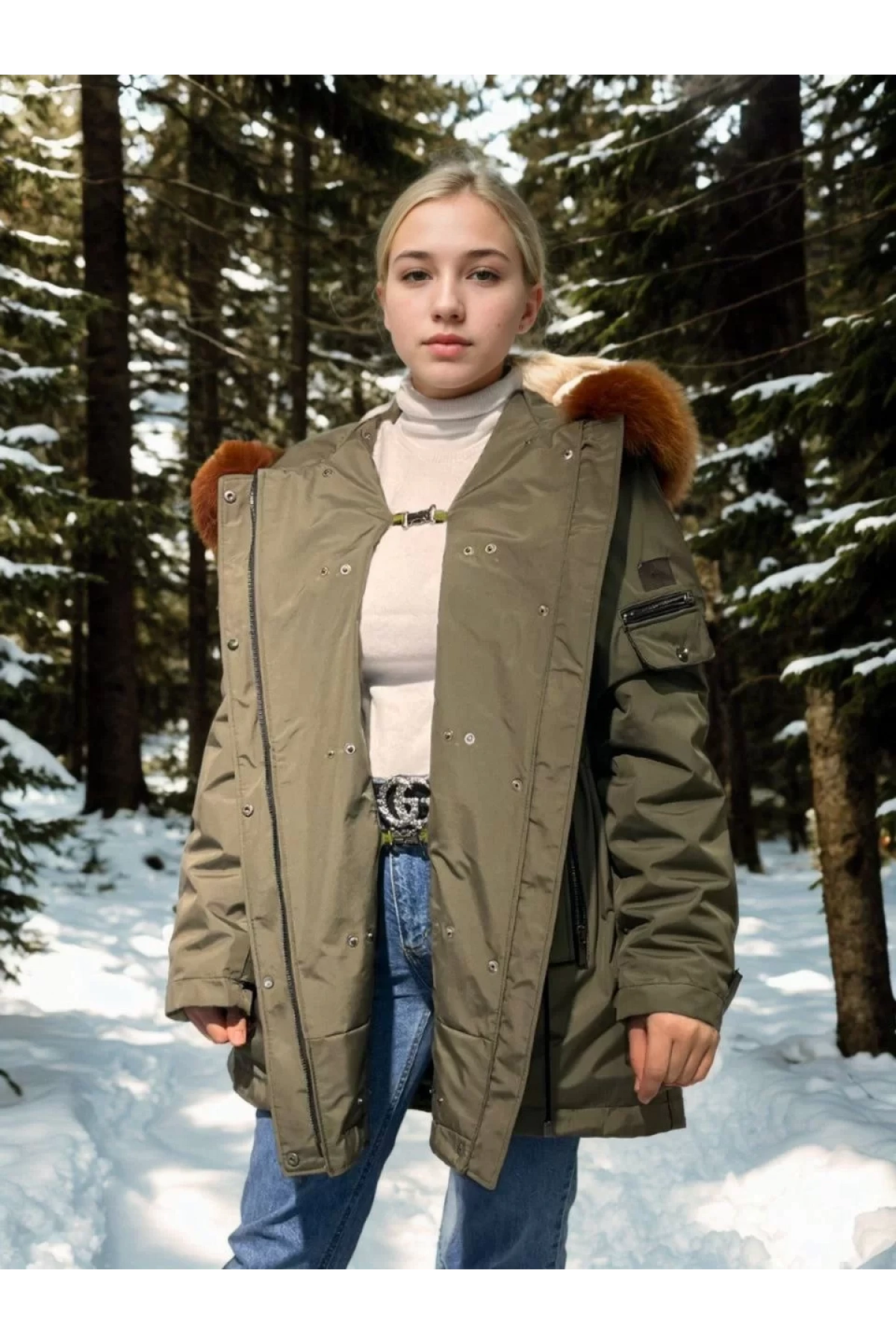 Kadın Su Geçirmez Kapüşonlu Mont - Haki