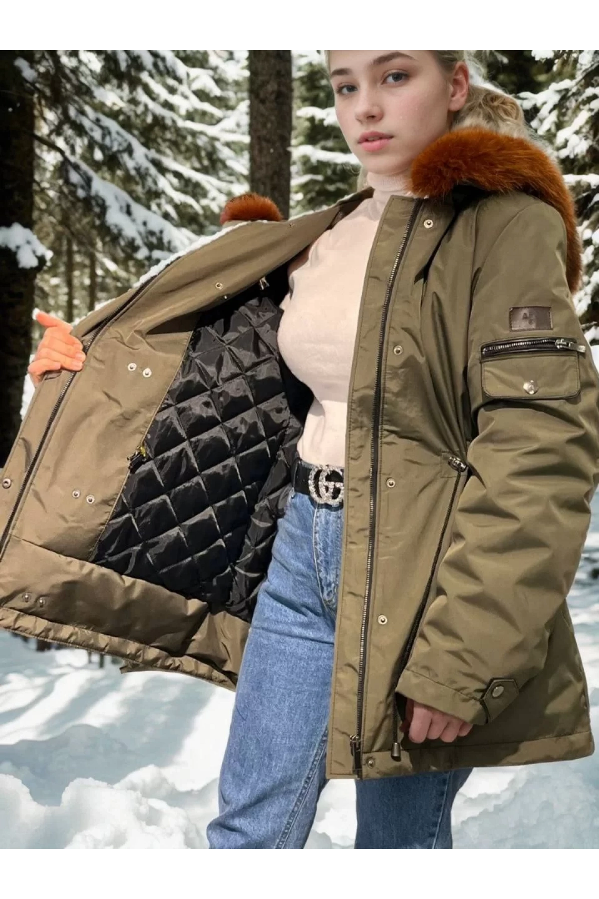 Kadın Su Geçirmez Kapüşonlu Mont - Haki