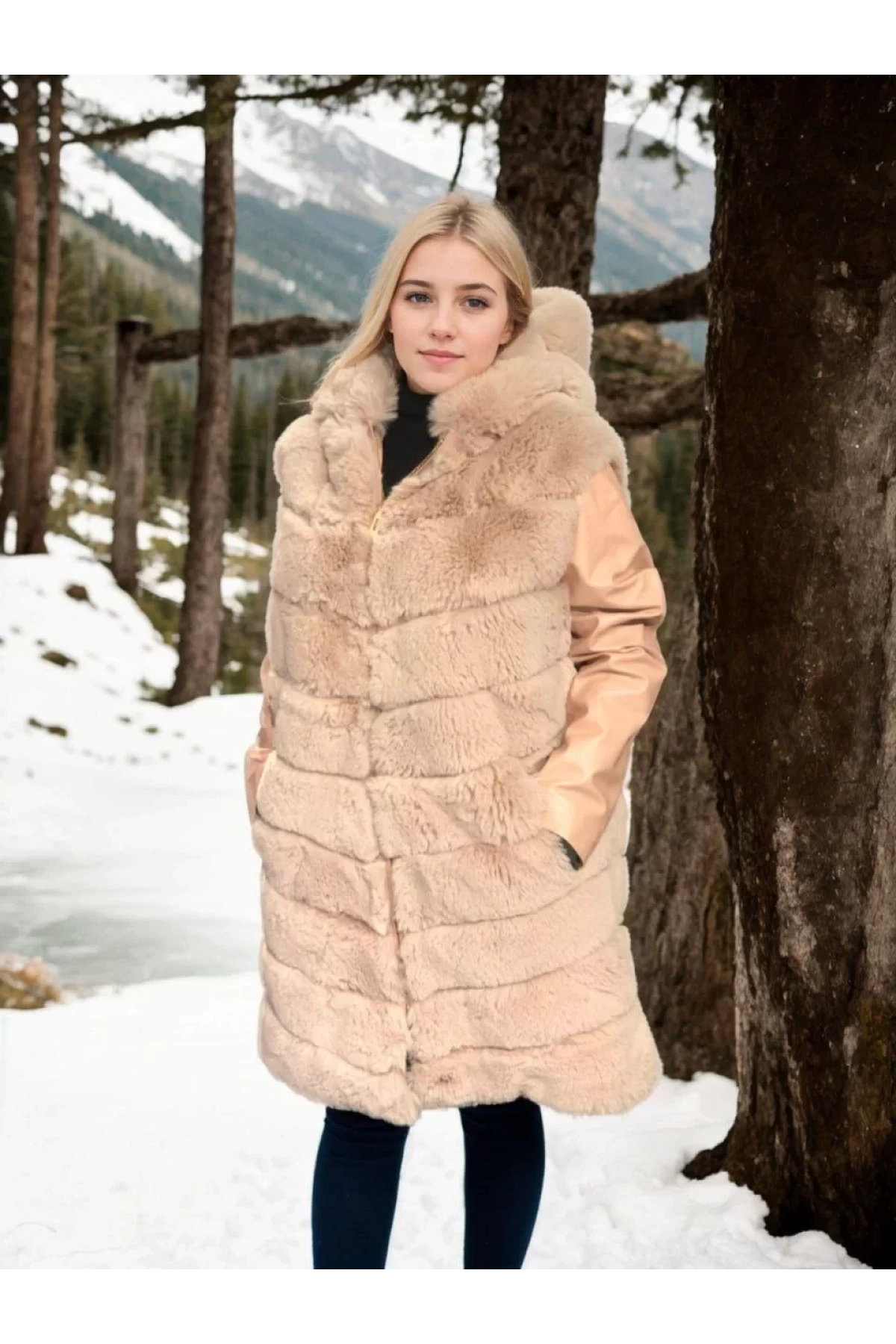 Kadın Suni Kürk Hakiki Deri - Somon